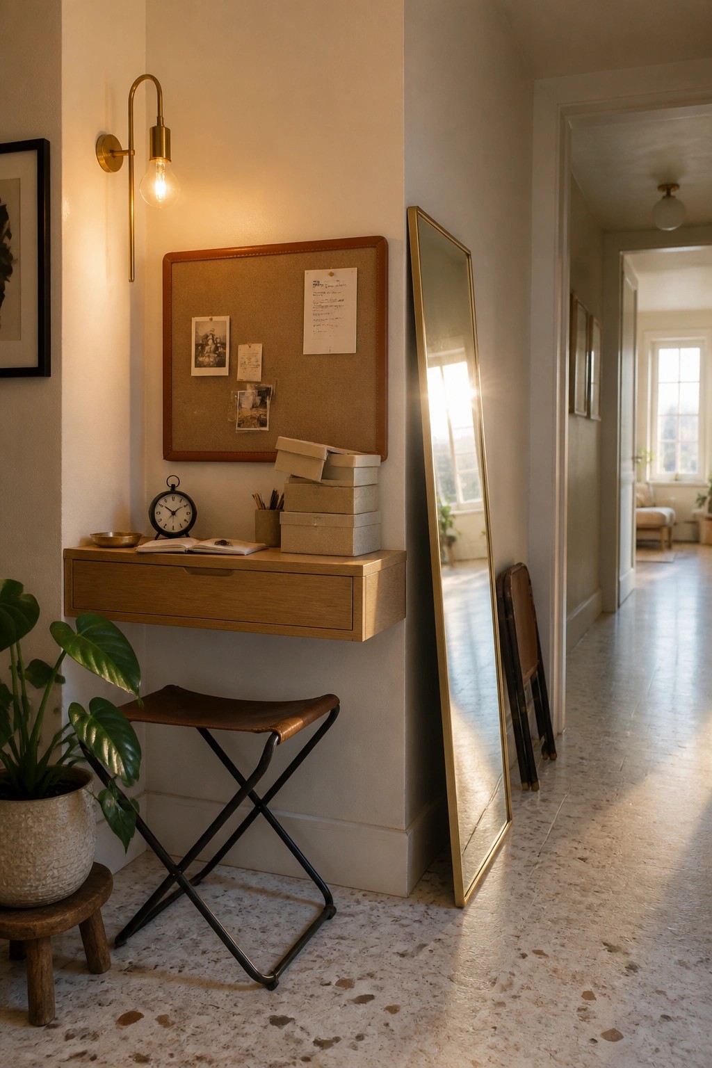 A minimalist workspace with a wall-mounted wooden desk, a foldable stool, a corkboard above it, and a potted plant on a wooden stool to the side.