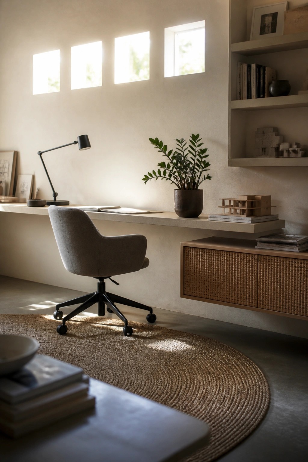 A minimalist office interior with a floating desk, gray upholstered swivel chair, black desk lamp, potted plant, woven-front storage cabinet, and round jute rug on a concrete floor.