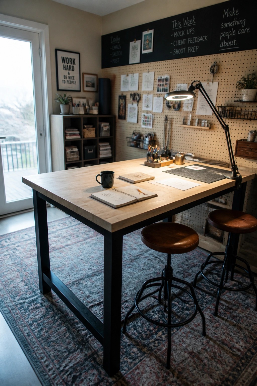 A minimalist home office with a large wooden desk on black metal legs, two brown leather stools, a pegboard wall holding papers and tools, and a chalkboard with handwritten task lists.