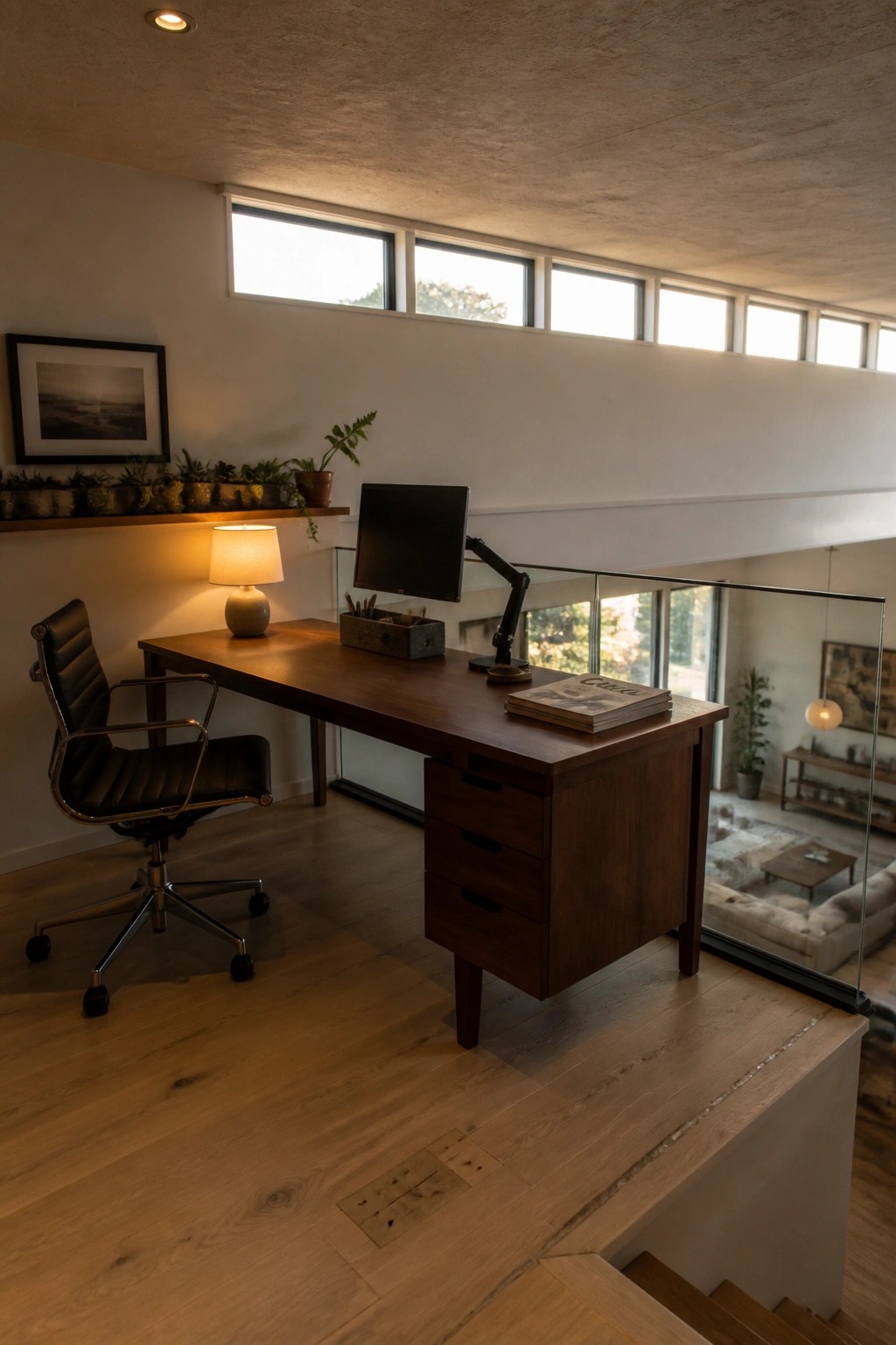 A minimalist home office features a wooden desk placed beneath a long row of windows, with a black leather office chair and a computer monitor on the desk.