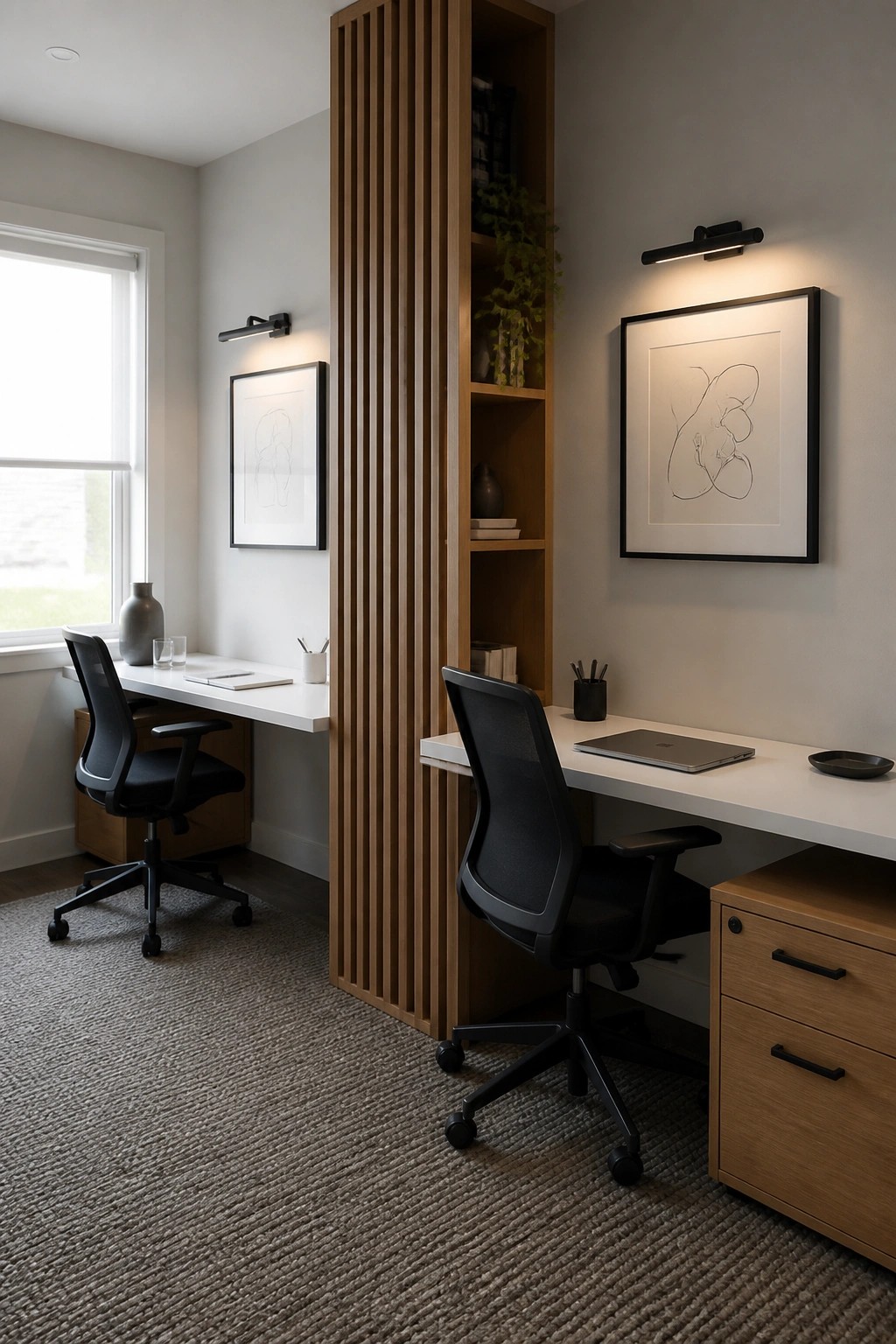 A modern home office with two white desks separated by a tall wooden slat divider with shelves, black office chairs, and framed line art on the walls.