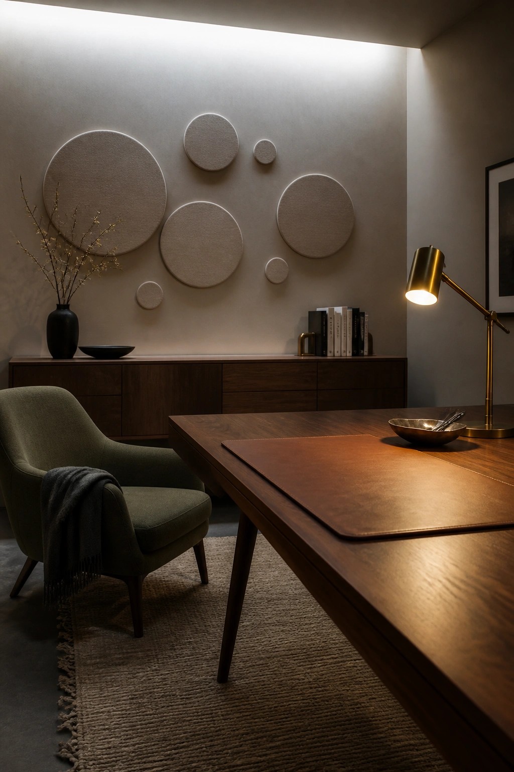 A private office with a wooden desk, brown leather desk pad, brass desk lamp, green upholstered armchair with throw, and circular wall panels above a dark wood console.