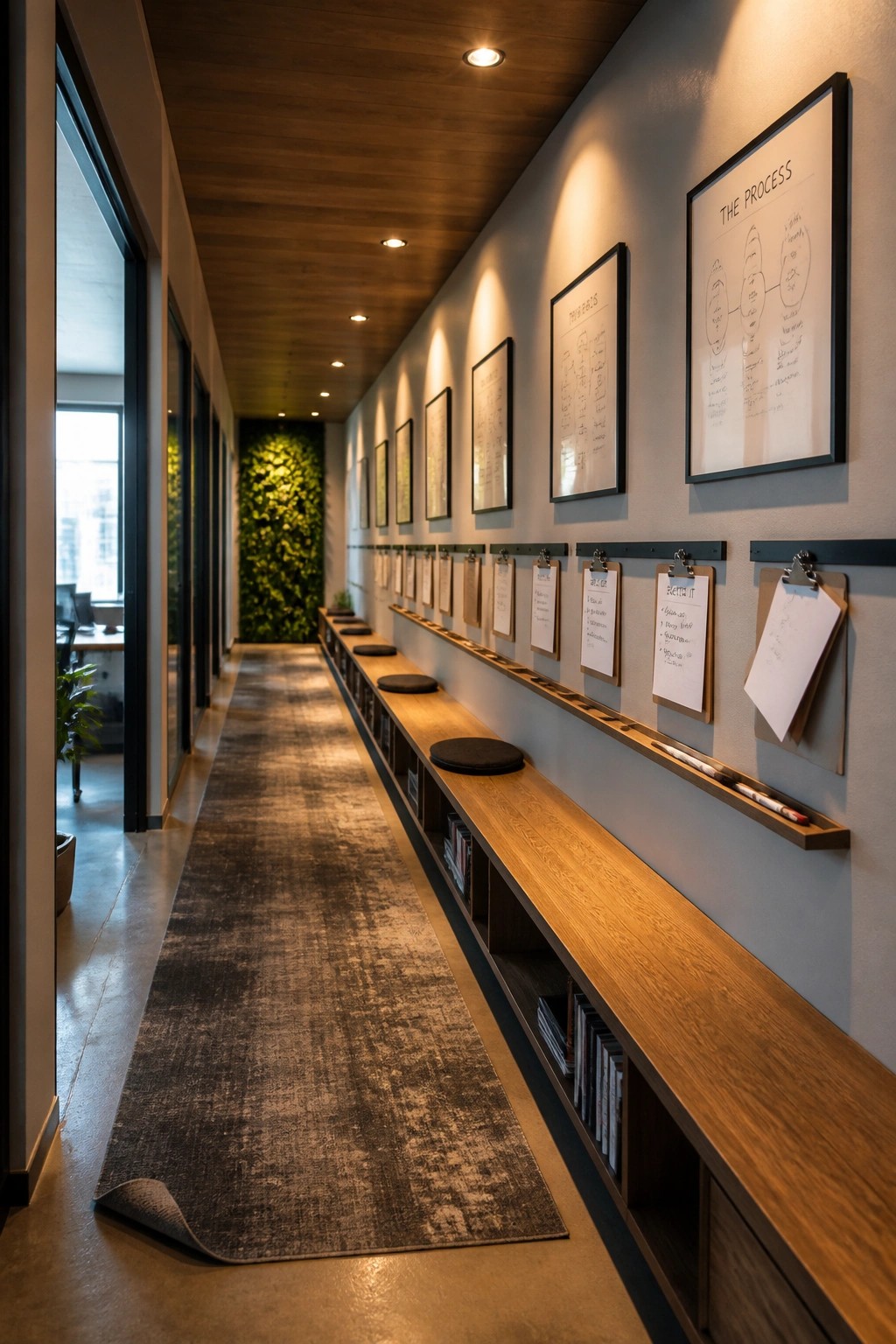 A long narrow office hallway featuring a continuous wooden bench with under-seat storage, wall-mounted clipboards, and framed process diagrams on a gray wall.