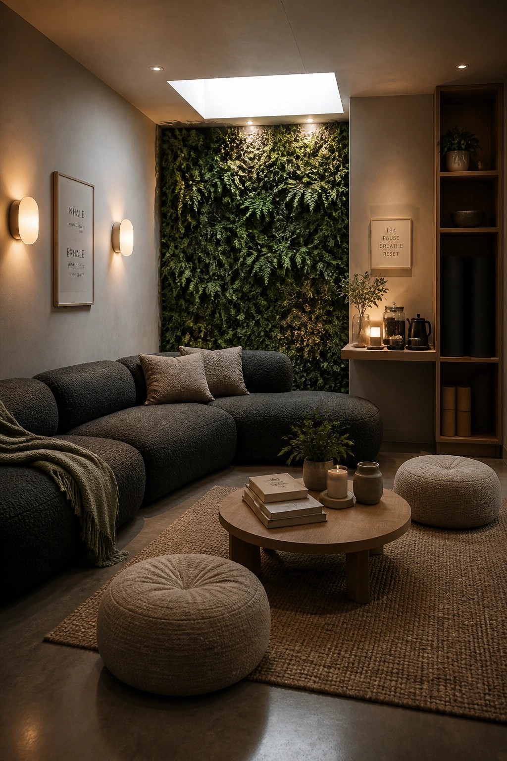 A modern living room features a large vertical green wall covered in ferns, a dark curved sectional sofa, two round woven ottomans, a round wooden coffee table with books and candles, and warm wall sconces.