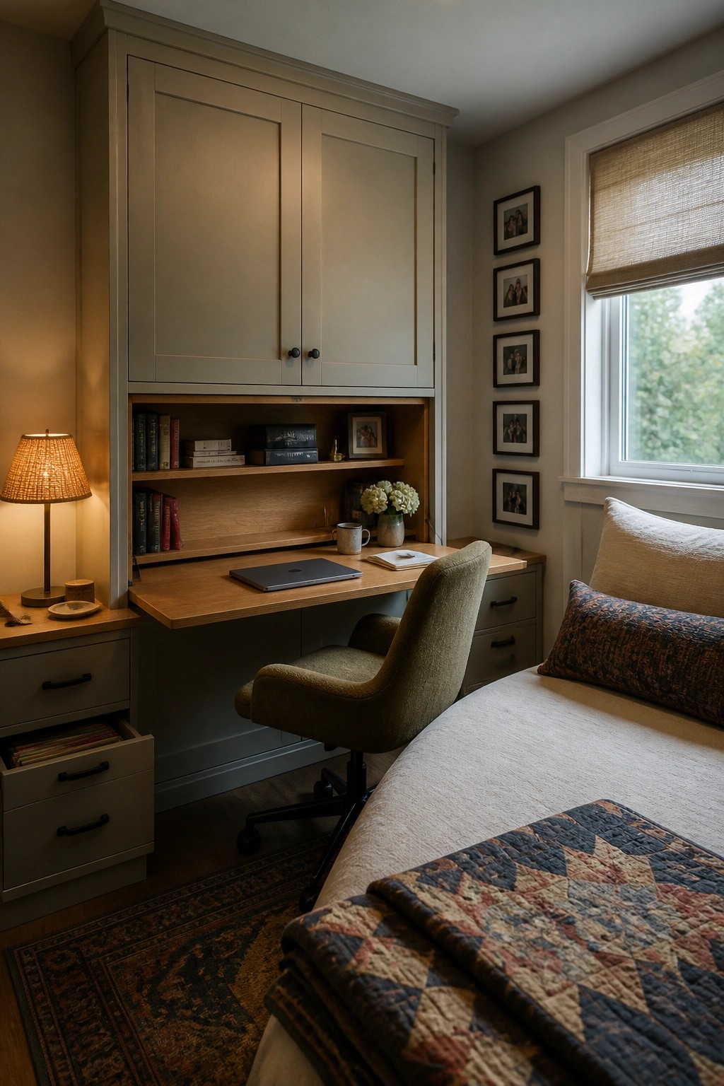 A bedroom with a built-in desk and cabinet unit next to a bed, featuring open shelves with books and a rolling office chair.