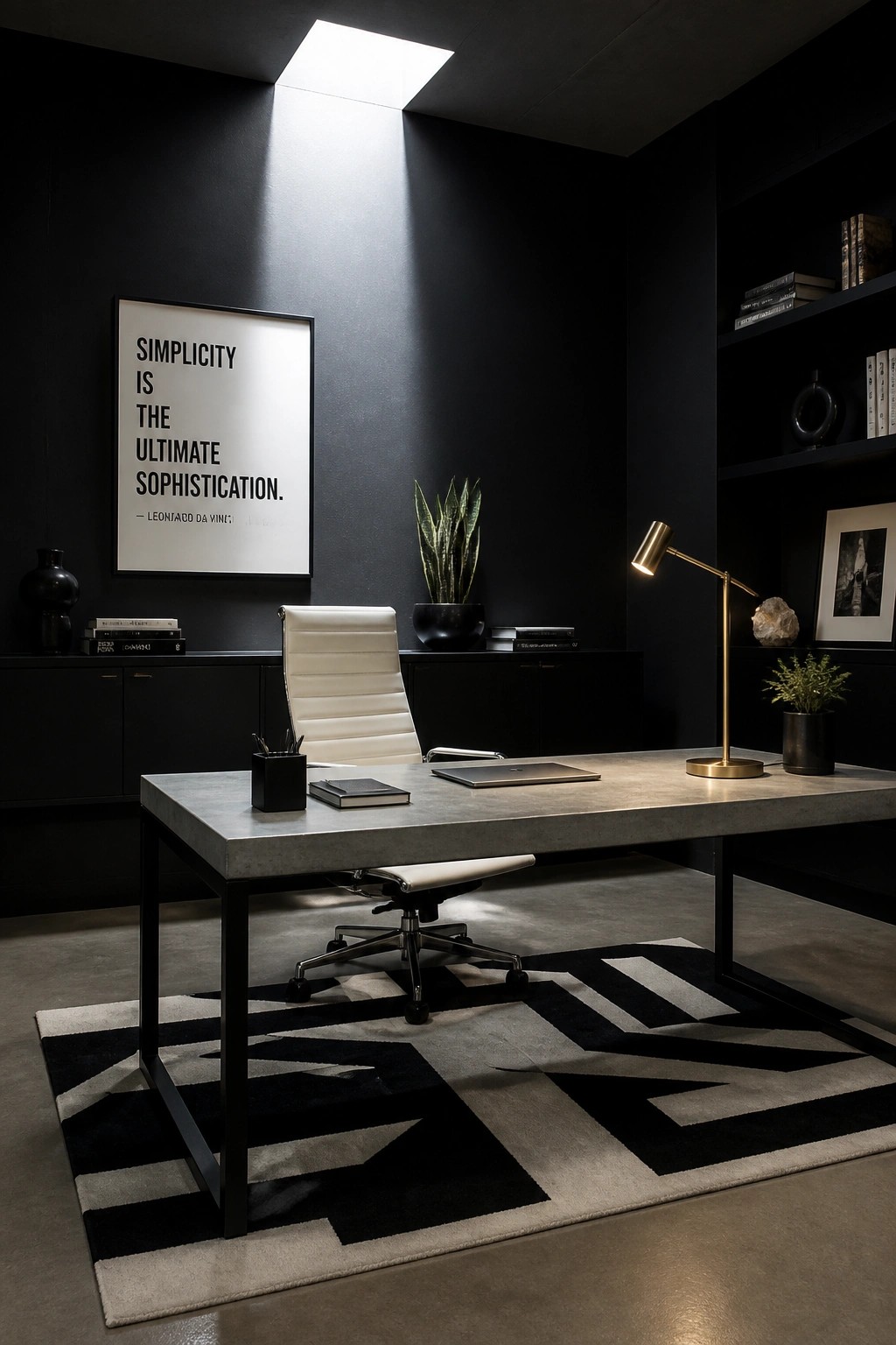 A modern executive office featuring a concrete desk on a black and white geometric rug, a white leather office chair, dark walls, and minimalist decor including a framed quote and a brass desk lamp.