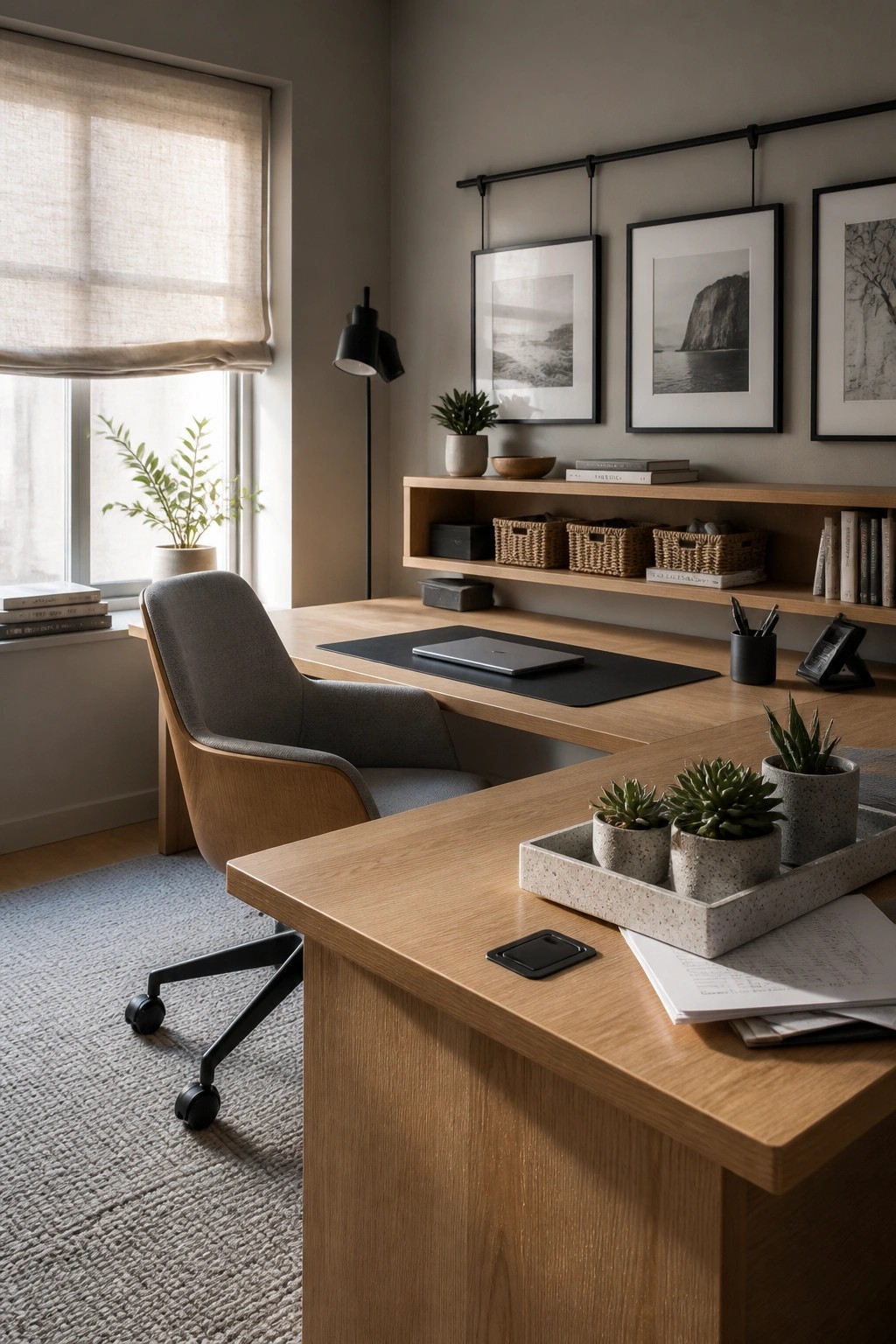 A home office with a long wooden desk, gray upholstered chair on casters, floating wooden shelf holding framed black-and-white photos and woven baskets, and a window with a potted plant on the sill.