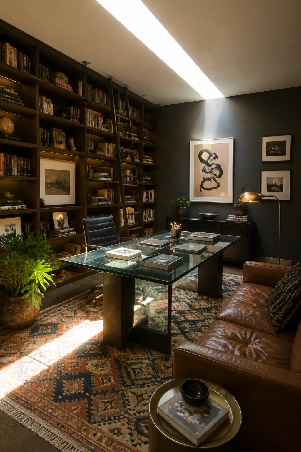 A home office with a glass desk on a patterned rug, dark built-in bookshelves filled with books, a rolling ladder, a brown leather sofa, and framed artwork on the walls.