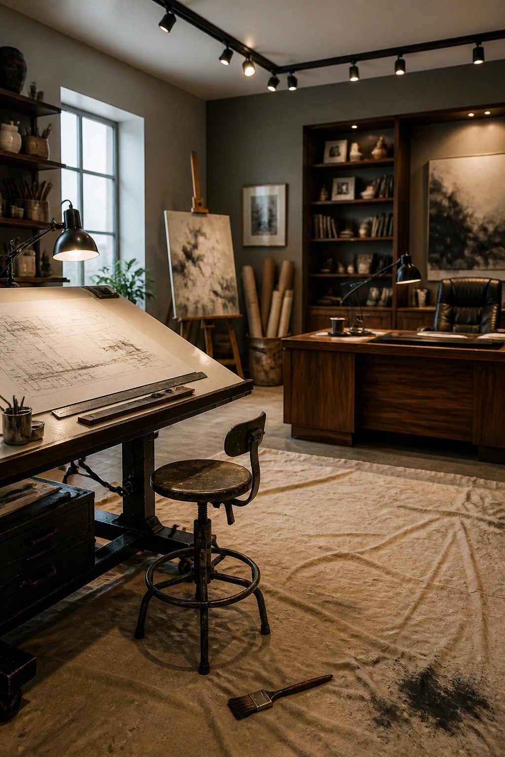 An executive office interior with a large drafting table holding blueprints, an adjustable metal stool in front, a wooden desk with leather chair in the background, and built-in bookshelves along the wall.