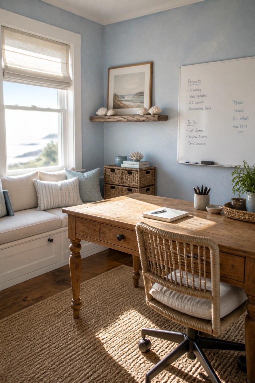 A home office with a wooden desk, woven chair, window seat with pillows, storage baskets, and a whiteboard listing projects and to-dos on a light blue wall.