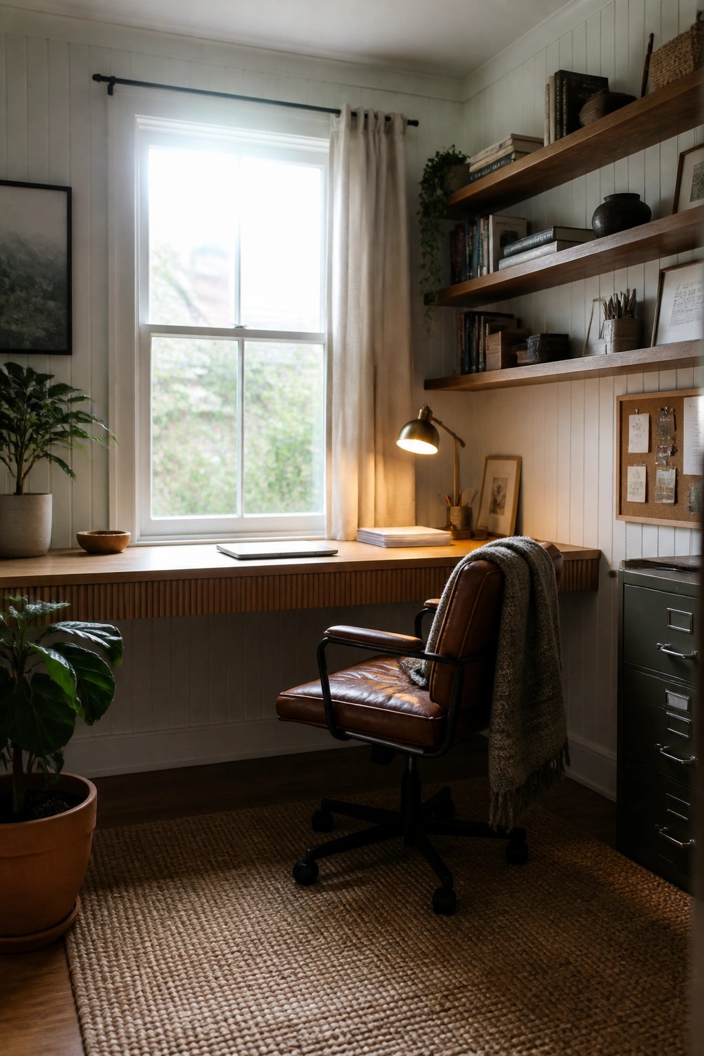 A home office featuring a wooden built-in desk beneath a large window, a brown leather office chair on a woven rug, floating wooden shelves holding books, and a potted plant in the foreground.