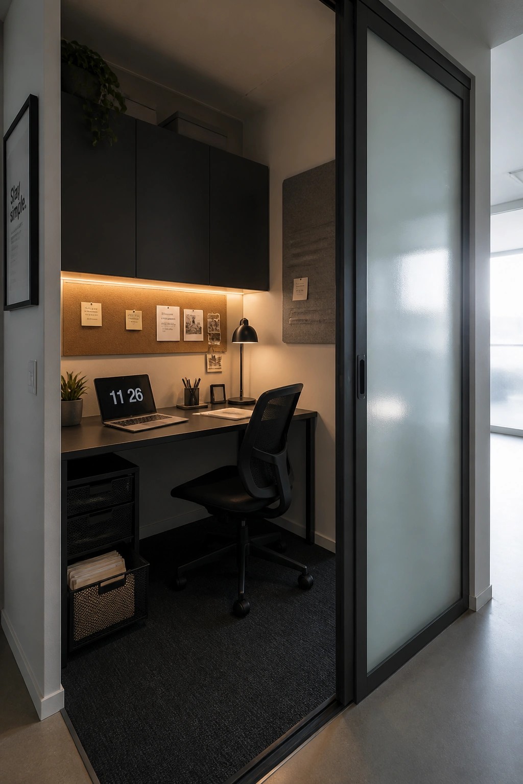 A compact office nook with a desk, black office chair, laptop, and storage, enclosed by a frosted sliding door.