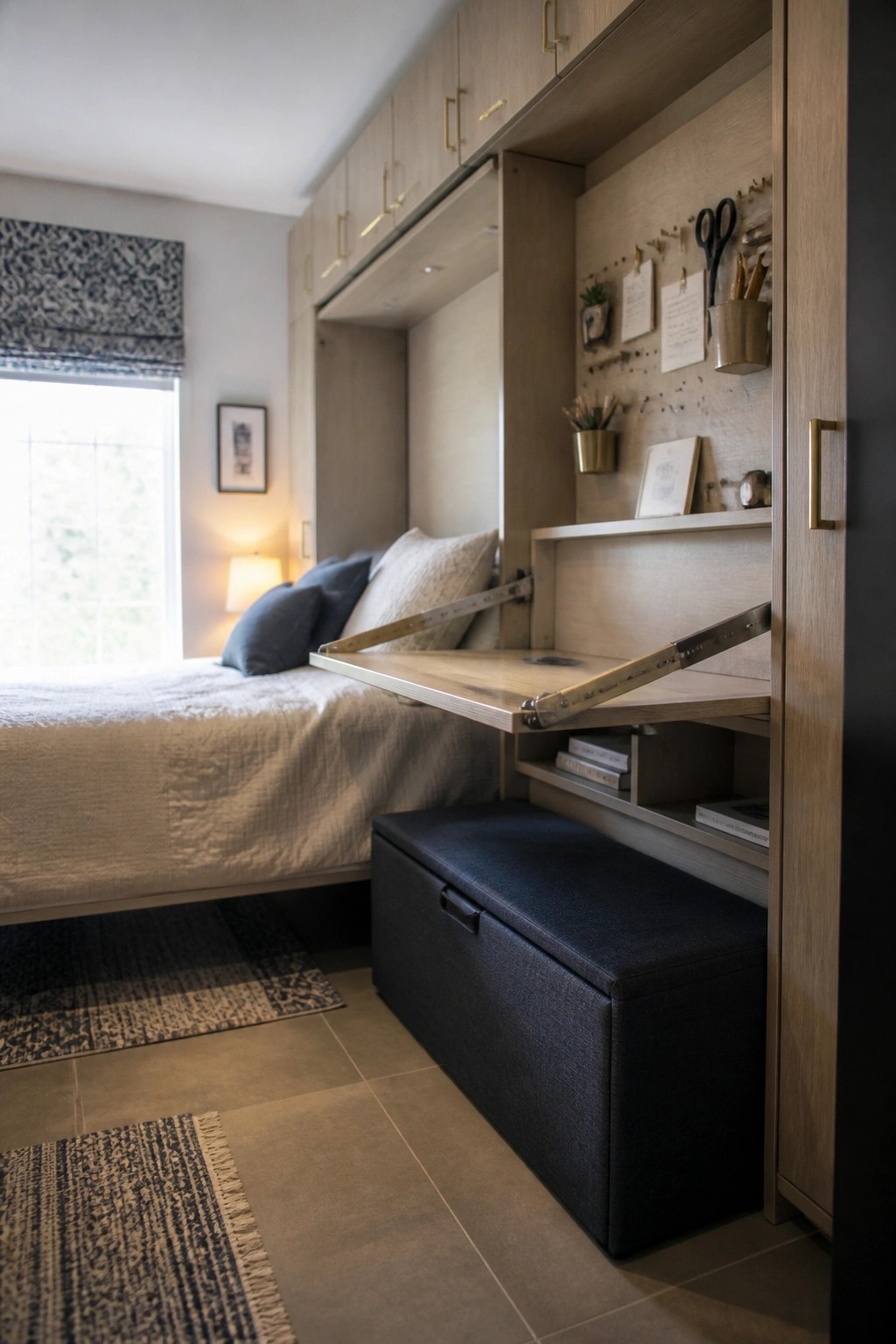 A bedroom interior showing a light wood built-in wall unit with a fold-down desk, shelves holding books, and a pegboard area, positioned beside a bed.