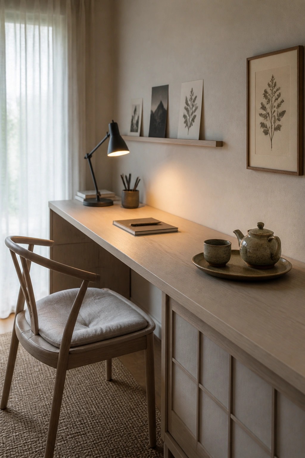 A long light wood desk with cabinet doors below runs along a wall, paired with a wooden chair with a cushion, a black desk lamp, and a few desk items including a notebook and ceramic teapot on a tray.
