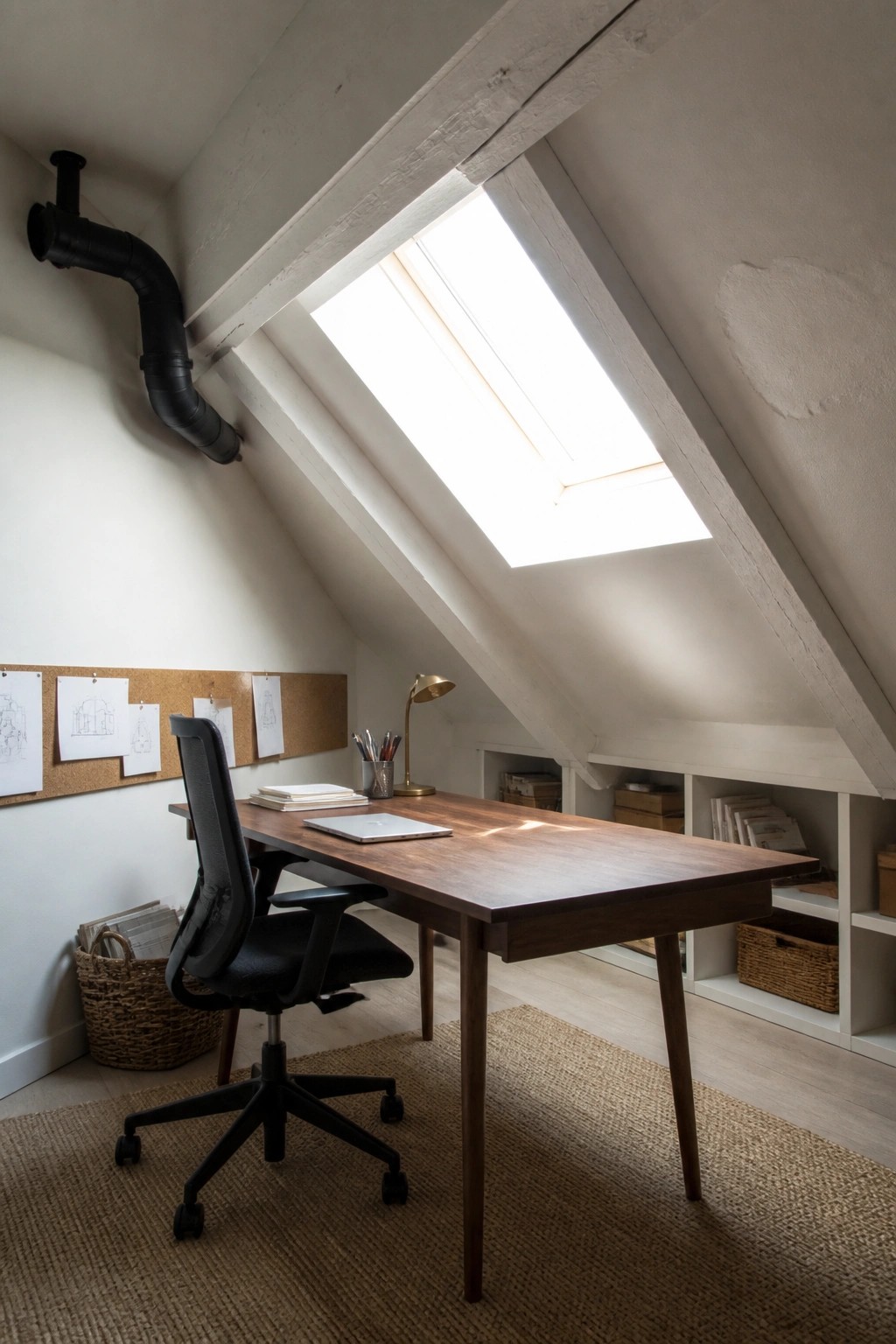 An attic home office with a large skylight above a wooden desk, black office chair, corkboard on the wall, and built-in shelves along the side.
