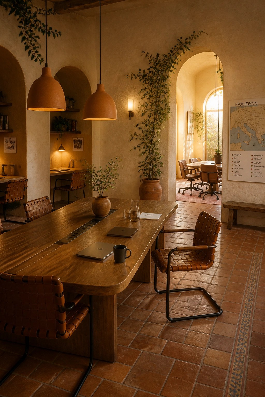 Rustic wooden table with woven leather chairs in sunlit terracotta arched room