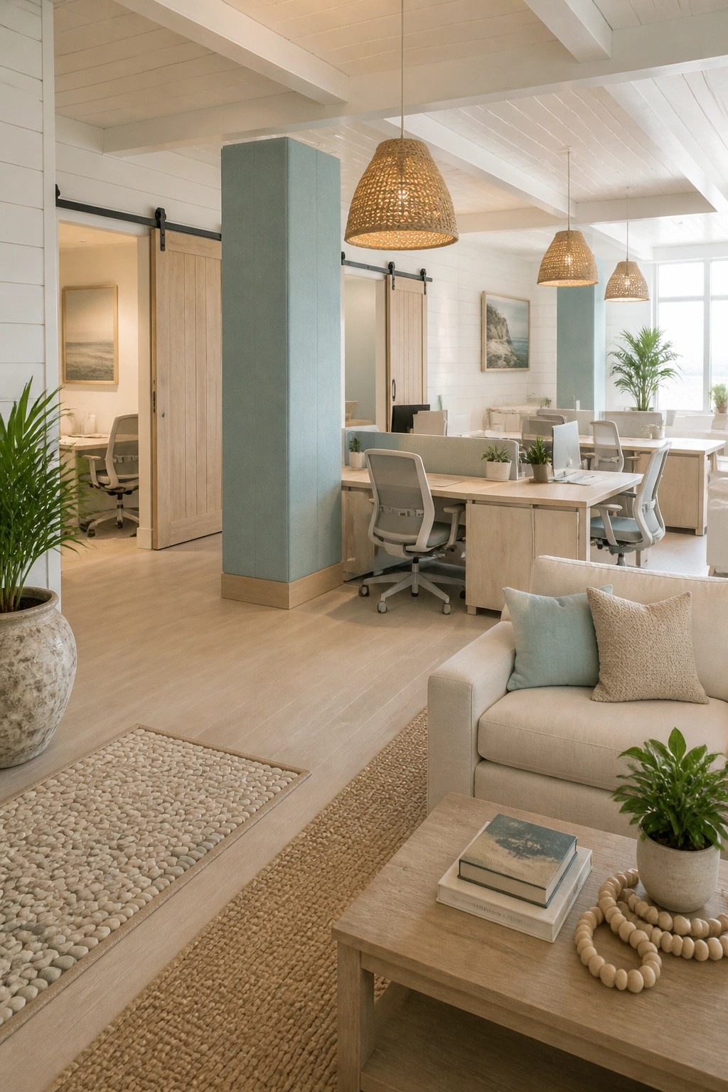 An open office interior with rows of light wood desks and office chairs, a light-colored sofa with pillows in the foreground, woven pendant lights, a teal pillar, and potted plants on light wood flooring with woven rugs.