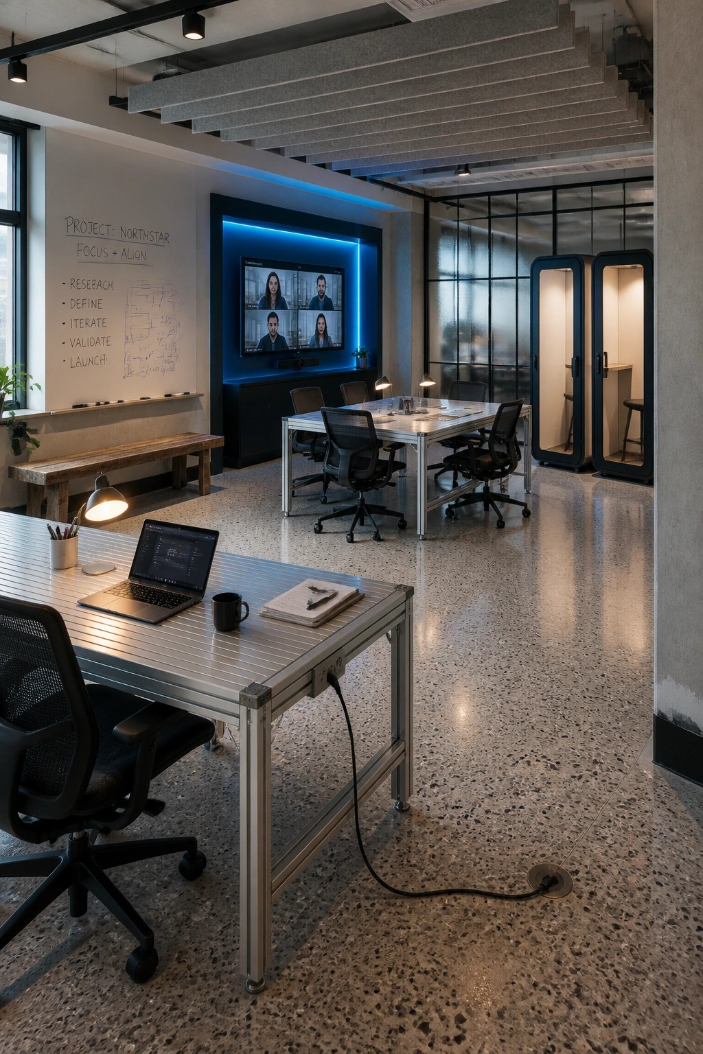 Modern office interior featuring a long conference table with a large video screen on the back wall and two enclosed phone booths along the right side.