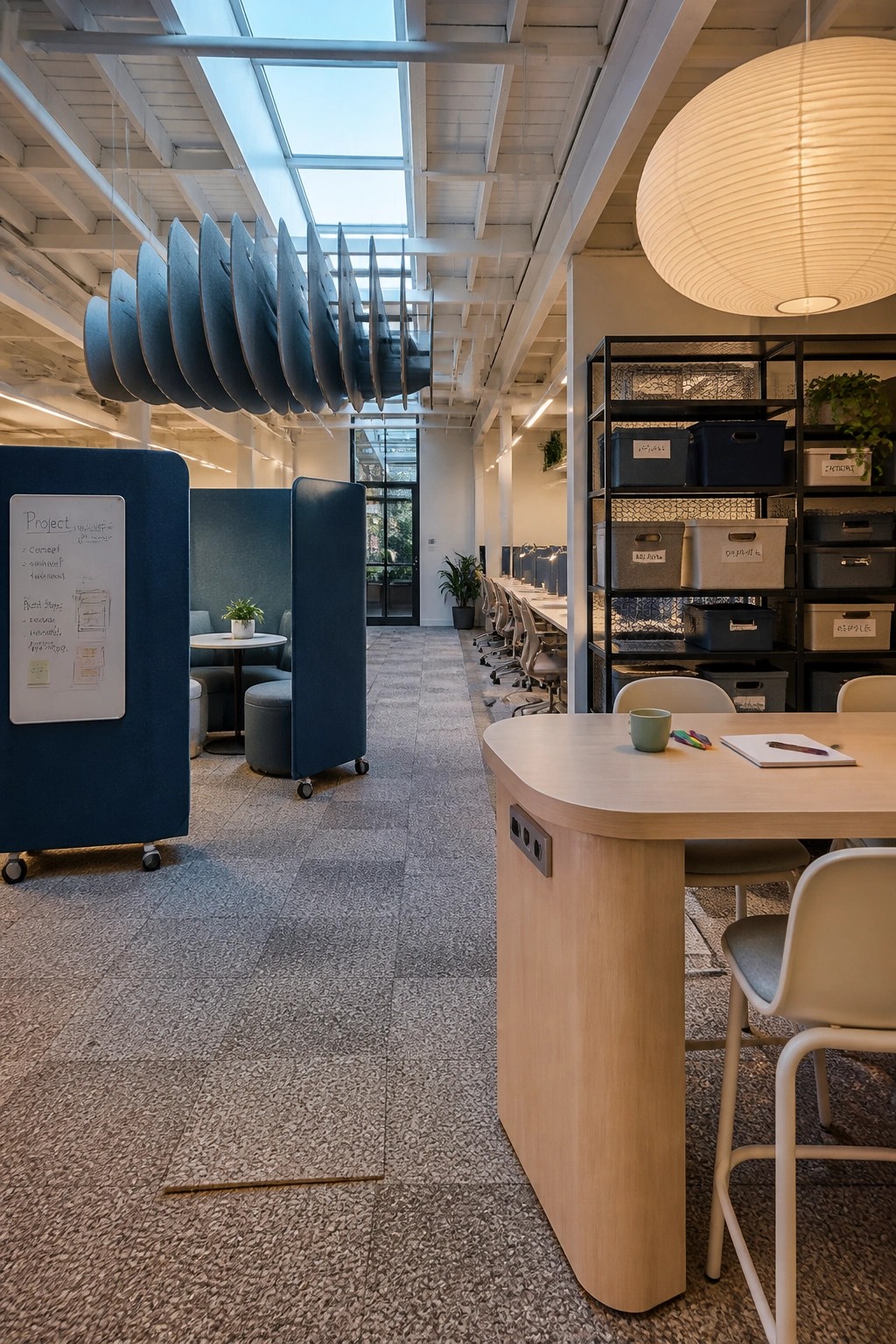 Modern office interior with wooden work tables, white chairs, blue mobile acoustic dividers including a whiteboard, hanging blue baffles, and black storage shelves.