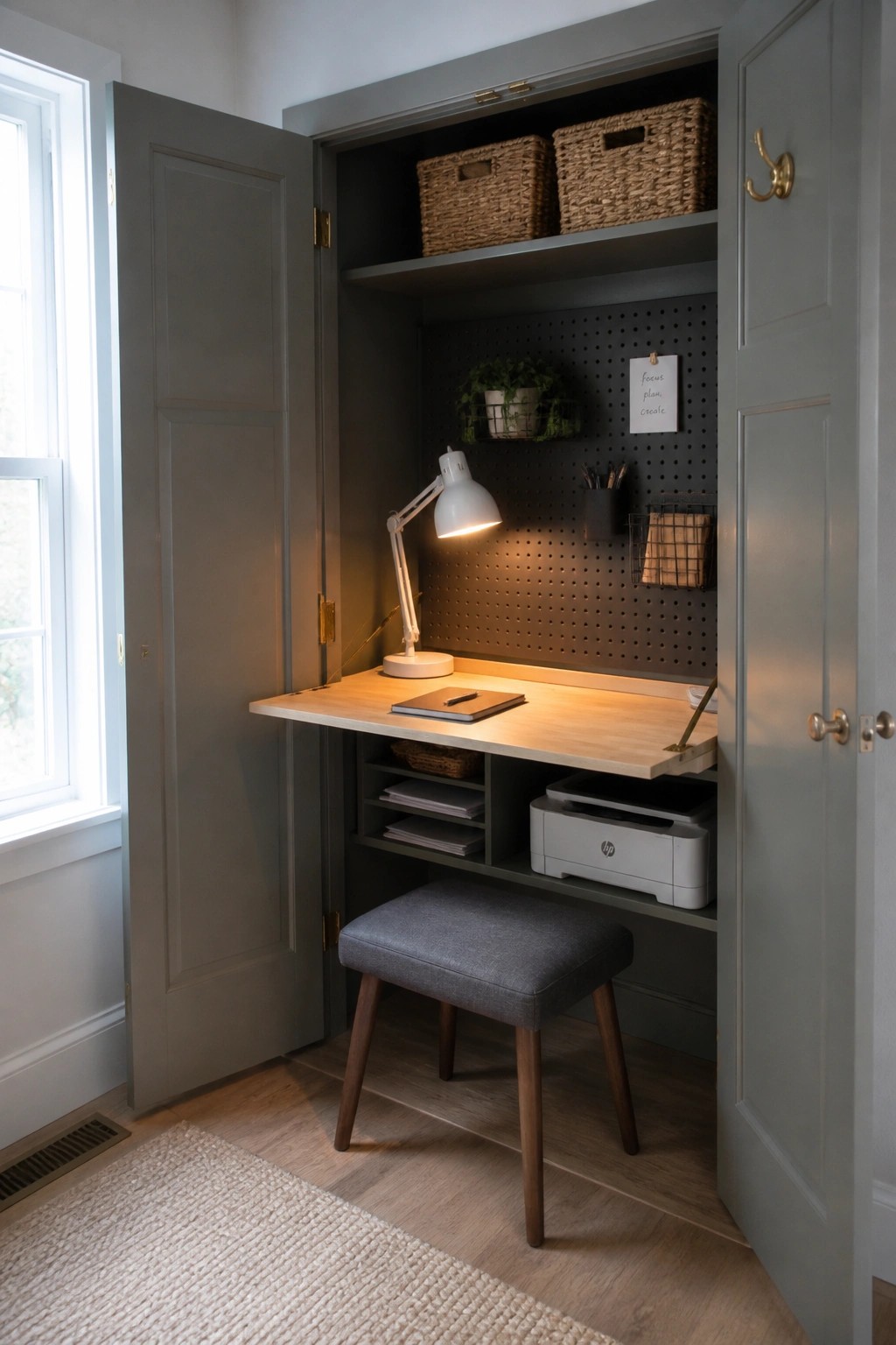 A small built-in desk with a fold-down wooden surface inside open gray cabinet doors, showing a desk lamp, stool, pegboard, and storage shelves.