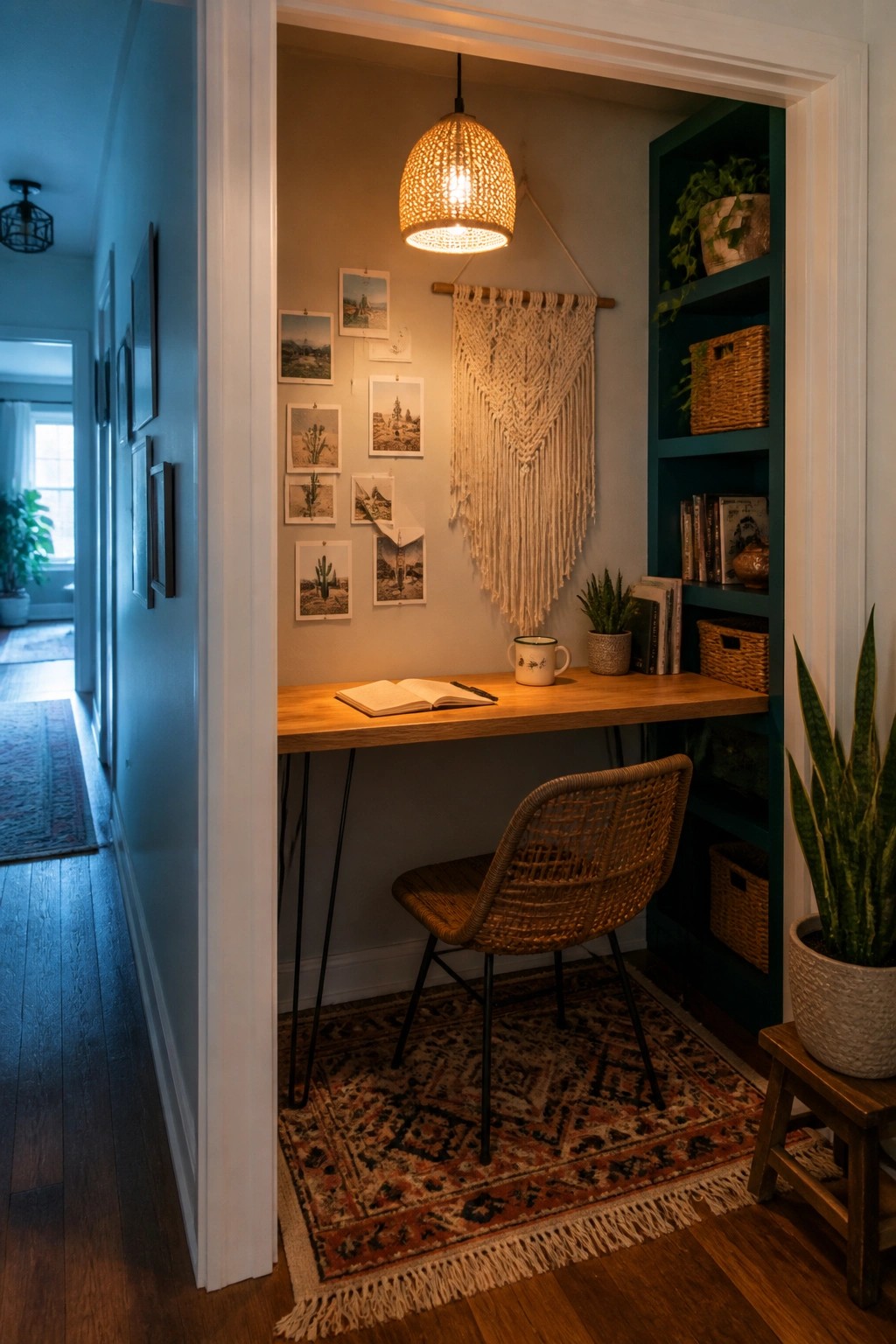 A small wooden desk with black slim legs sits in a nook with teal built-in shelves on the right, a woven chair, and wall decor above.