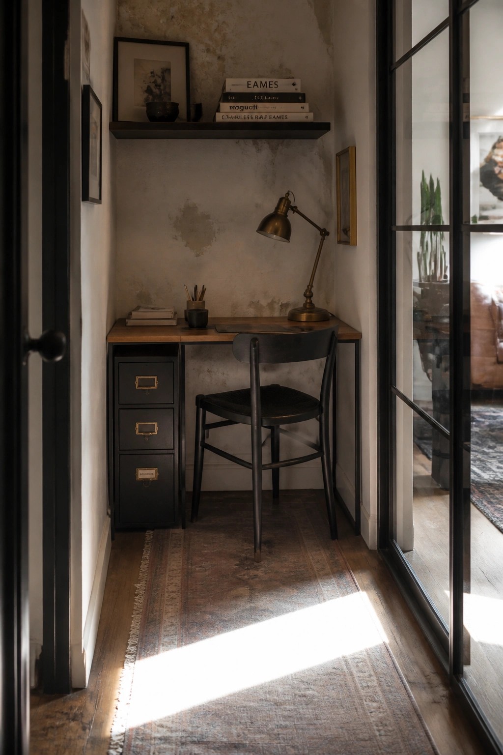 A narrow home office nook with a wood-top desk, black storage drawers on the left side, a black chair, and a wall shelf holding books above the desk.