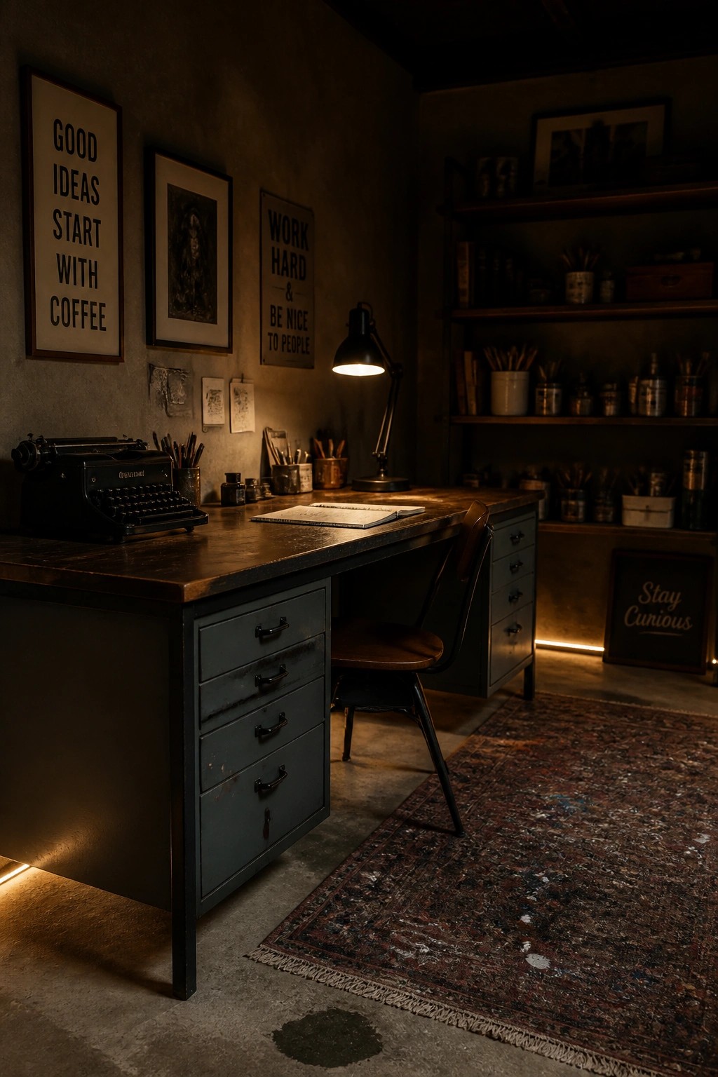 A wooden desk with built-in drawers holds a typewriter and open notebook in a dimly lit room with wall art and shelves behind it.
