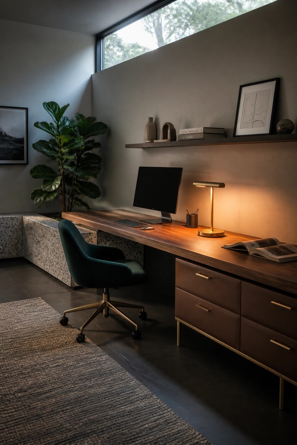 Minimalist office with long wooden desk, green velvet chair, monitor, and glowing lamp.