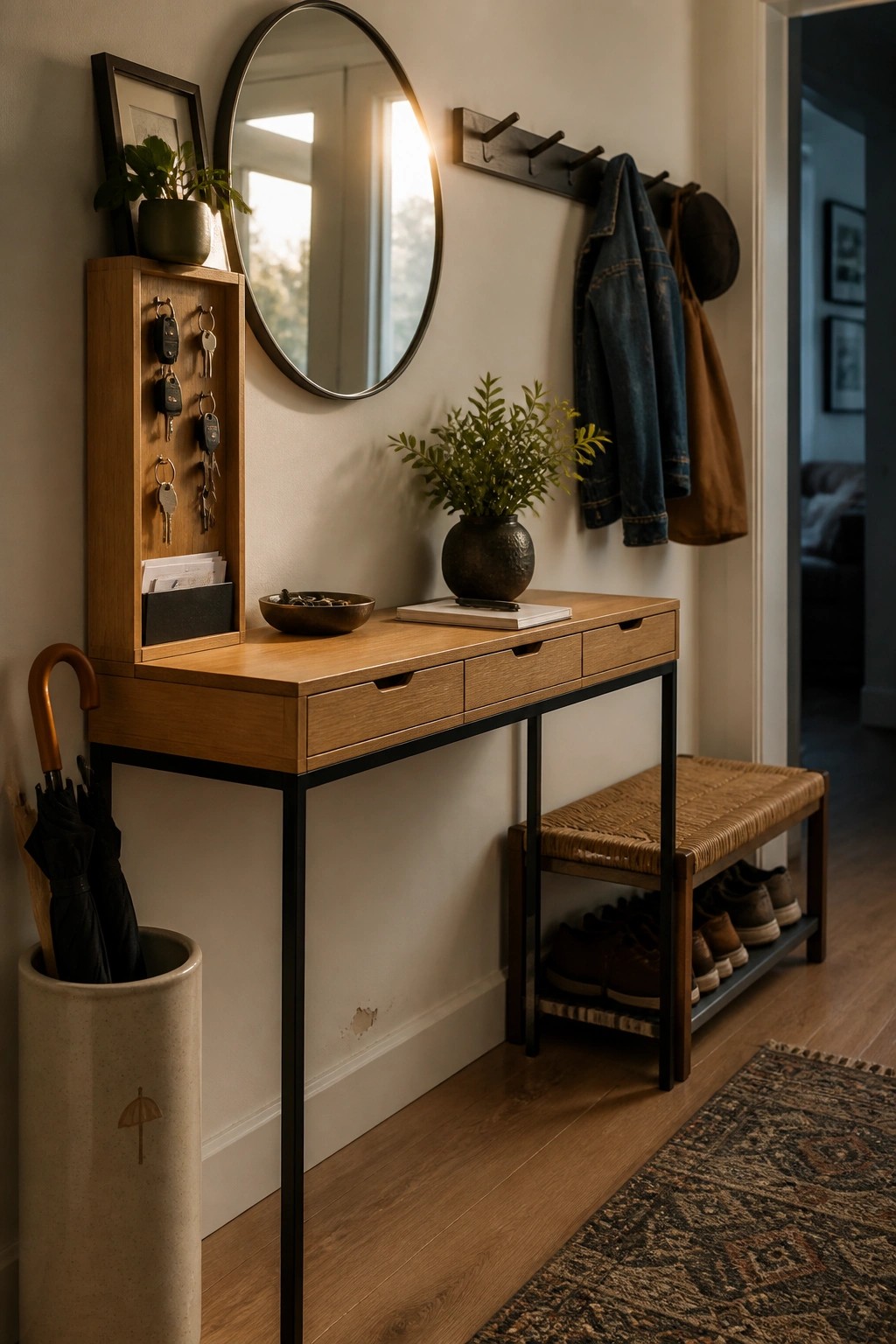 A narrow wooden console table with black slim legs, three drawers, and a built-in key cabinet stands against a wall in an entryway.