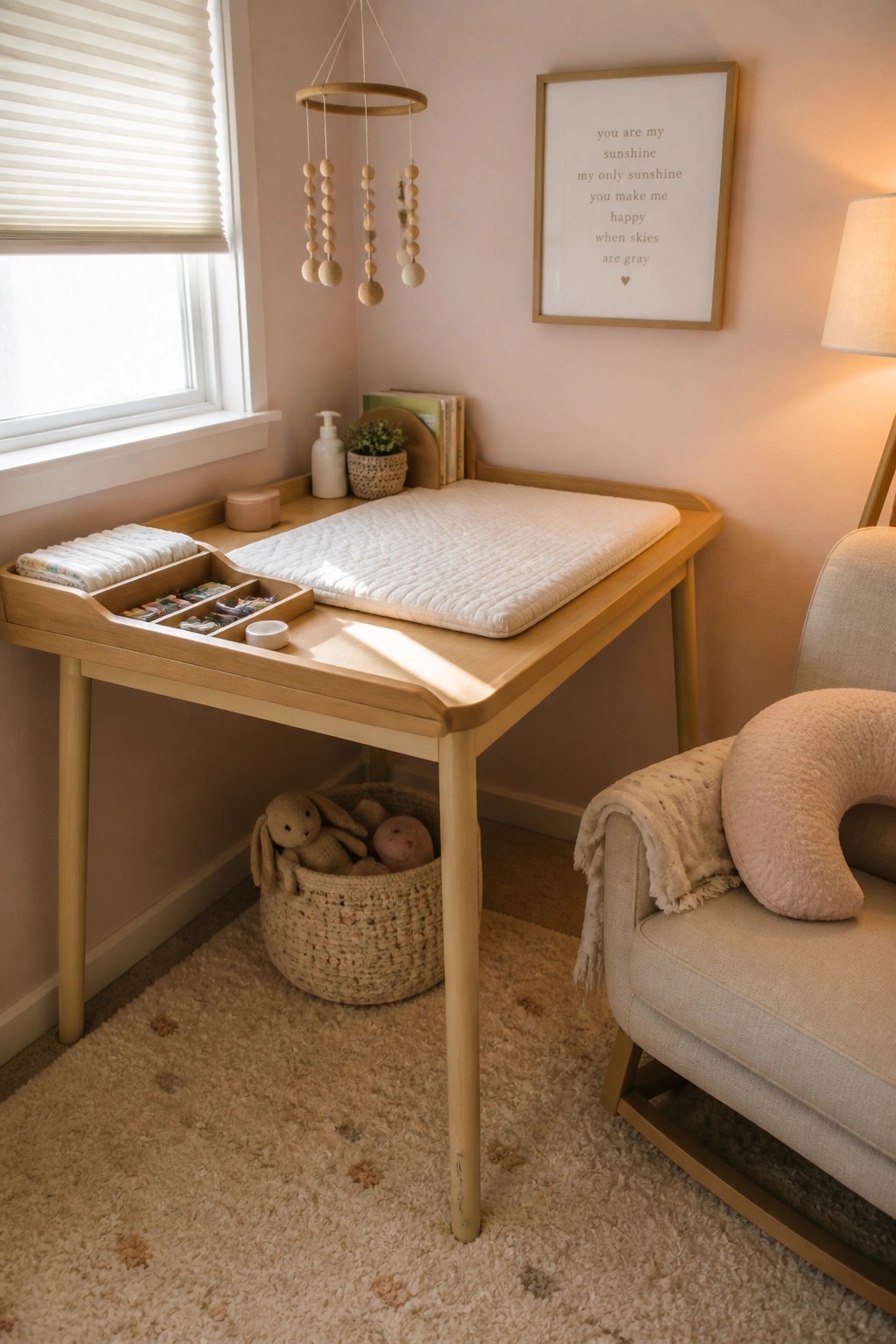 A light wood desk with built-in storage trays and a white padded top in a softly lit room.