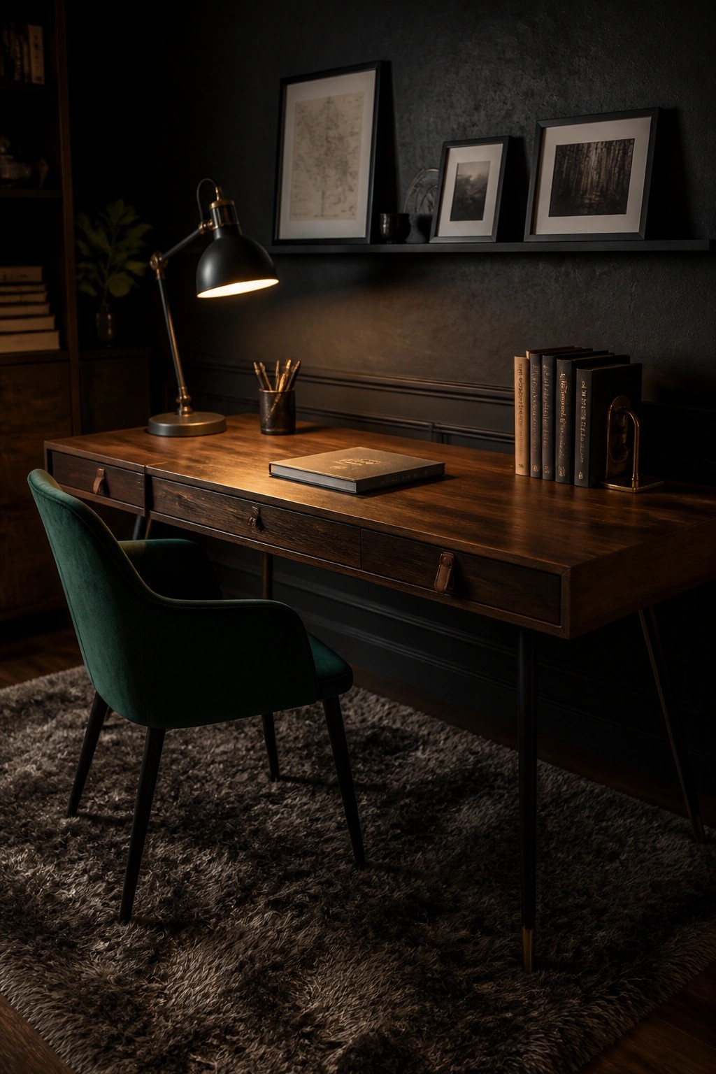A wooden desk with a dark top, slim black legs, and built-in drawers sits on a shaggy rug beside a green upholstered chair.