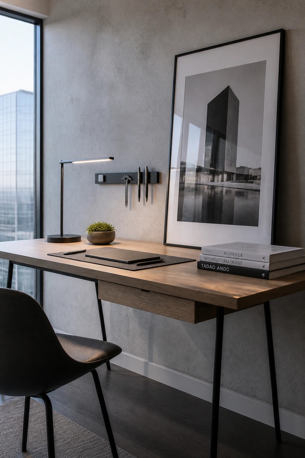 A minimalist wooden desk with slim black legs, a built-in drawer, and a black chair positioned in front of a concrete wall with a framed print.