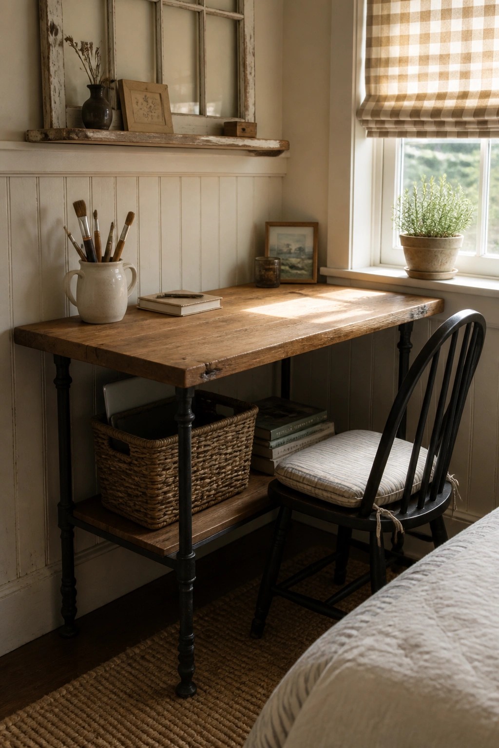 A wooden desk with slim black legs and a lower shelf holding a woven basket and stacked books sits beside a window with a black spindle chair.