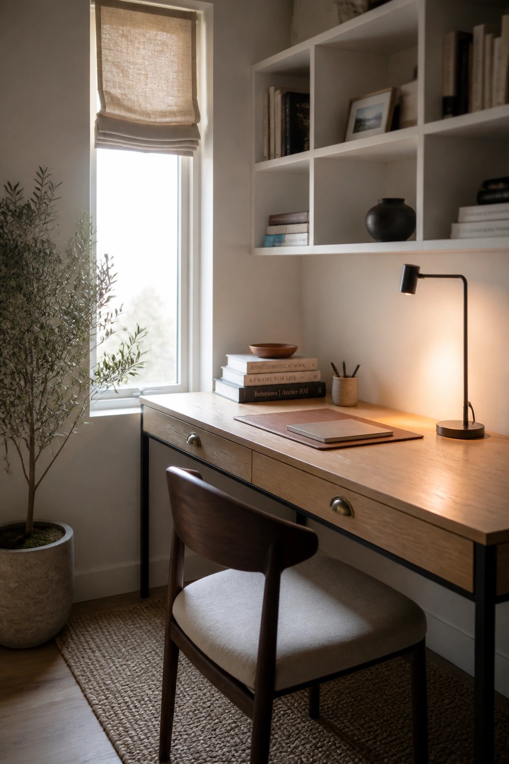 A light wood desk with black slim legs and two drawers sits under white built-in shelves, with a wooden chair on a woven rug beside a window.