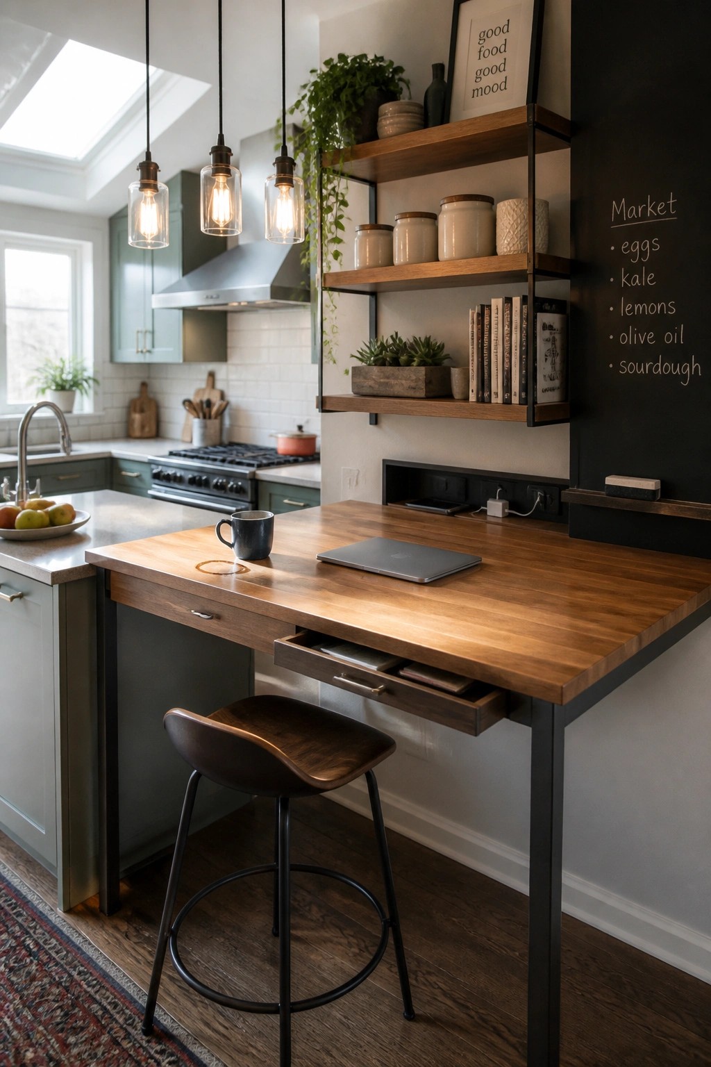 A wooden desk with black metal legs extends from a kitchen island, featuring an open drawer with storage and a laptop on top.