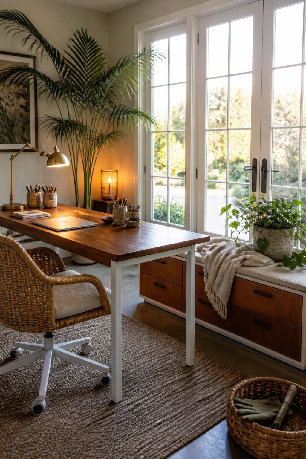 Cozy home office with wooden desk, wicker chair, plants, and large sunlit windows