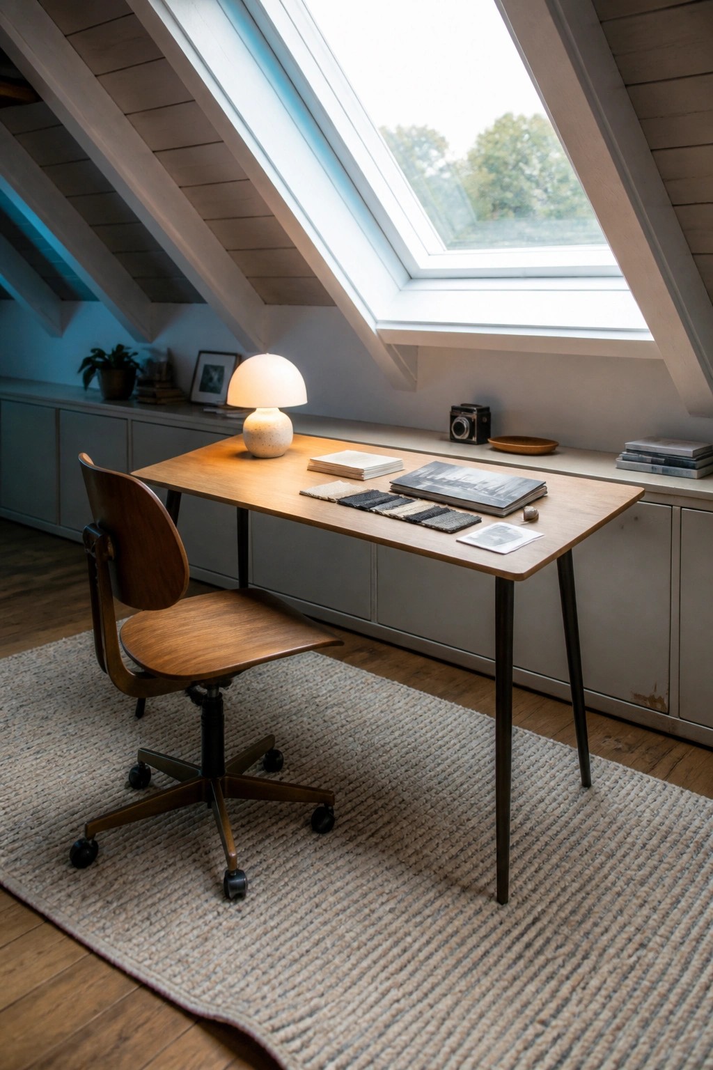 A wooden desk with slim dark legs and a lit lamp sits on a textured rug beneath a large skylight in an attic office.