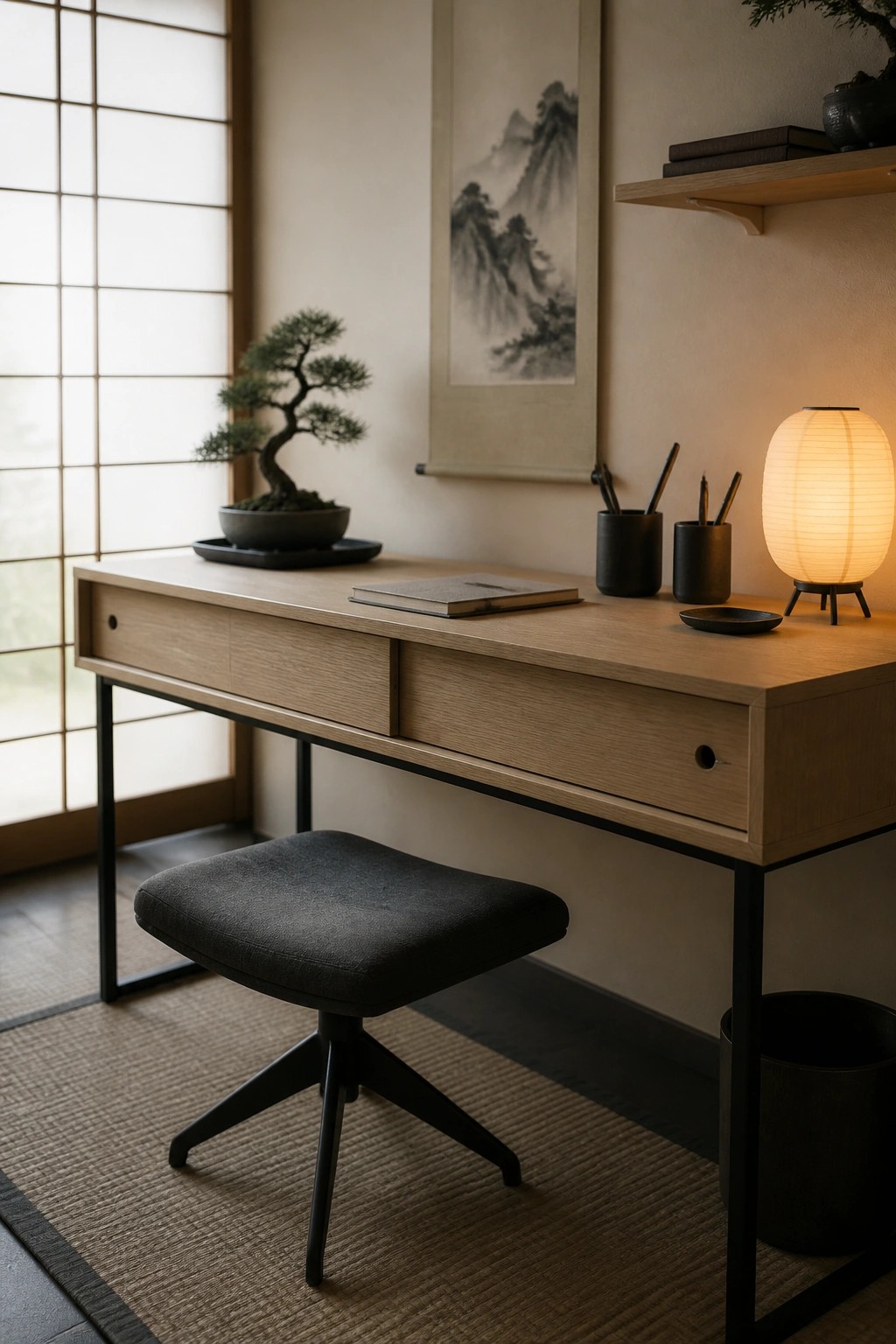 A light wood desk with built-in drawers, slim black legs, and a dark upholstered stool in a minimalist room with shoji screens and Japanese decor.