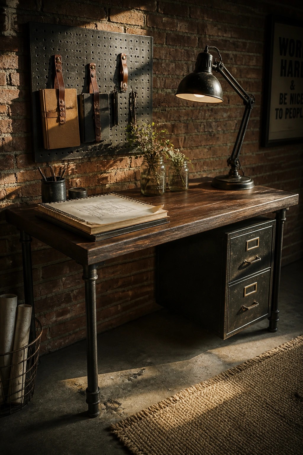 A wooden office desk with slim metal legs and built-in drawers stands against a brick wall, holding an open notebook and a black desk lamp.