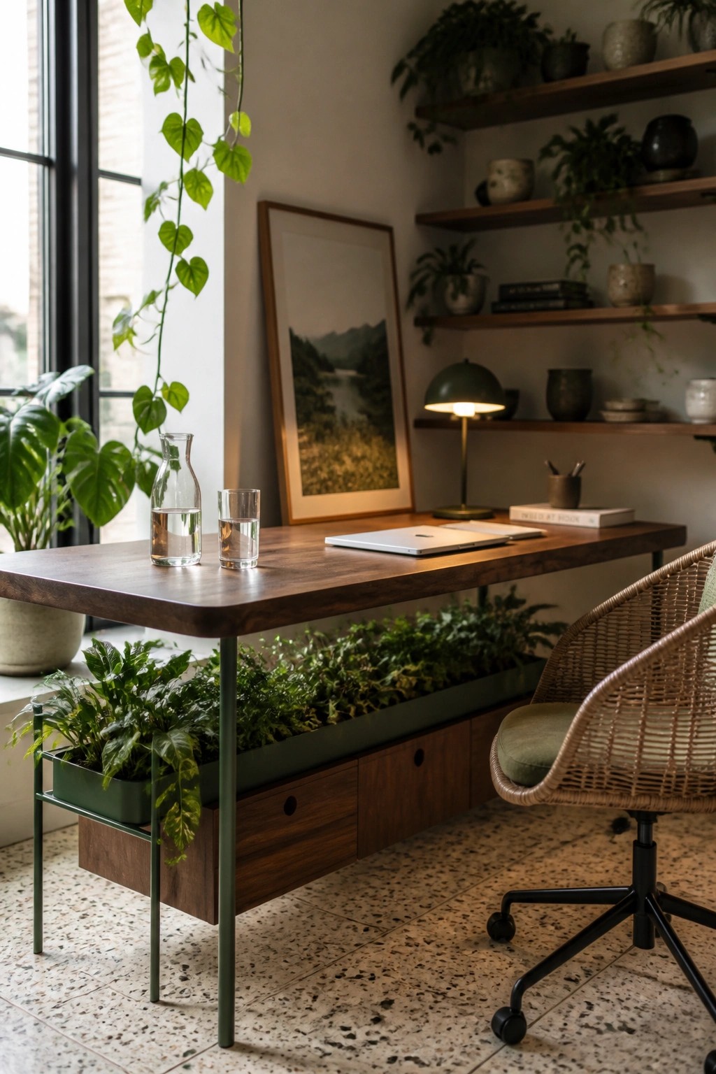 Modern wooden desk with built-in planters, laptop, and woven chair in plant-filled office.