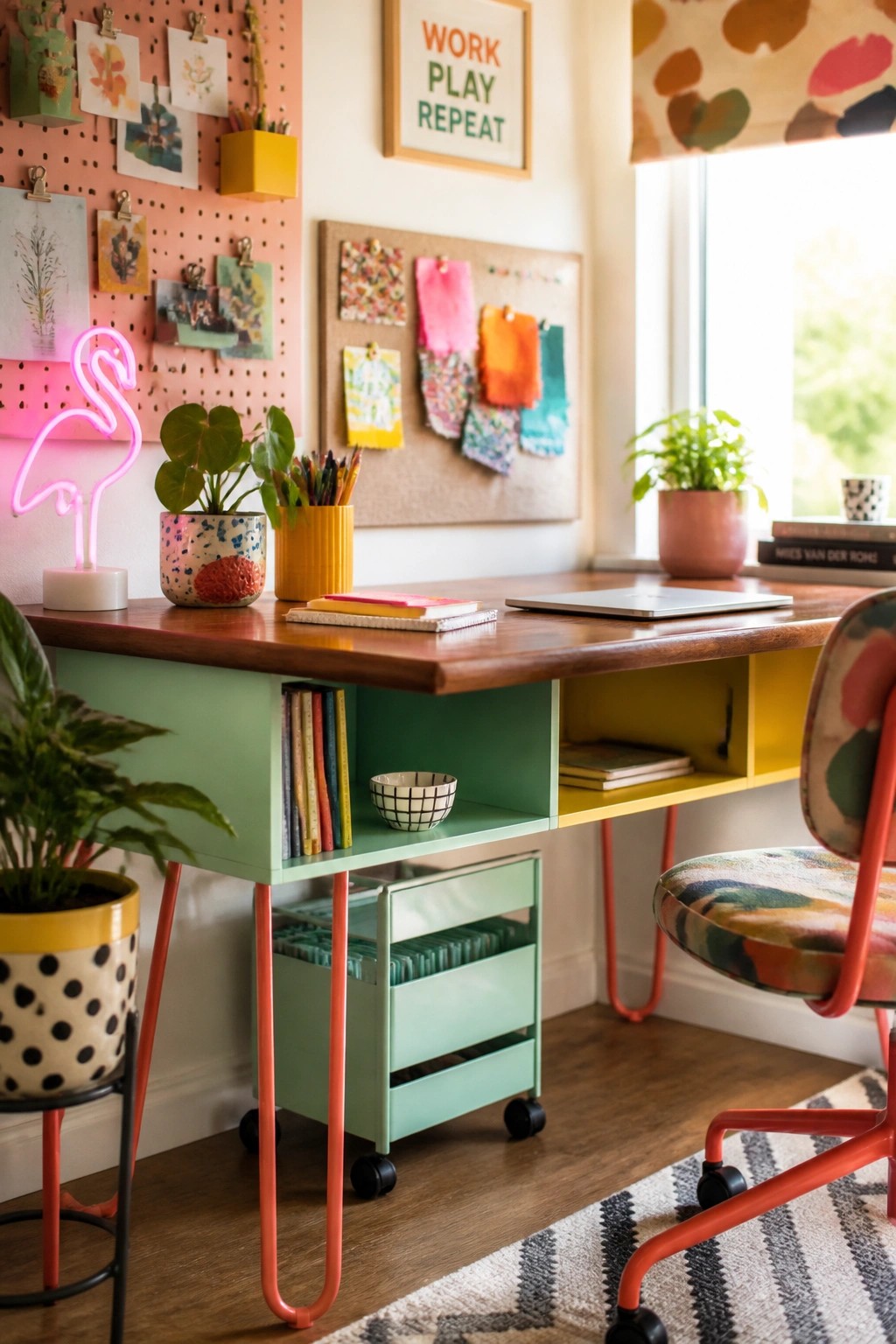 A home office desk with a wooden top, slim red legs, and built-in green and yellow storage compartments under the surface.
