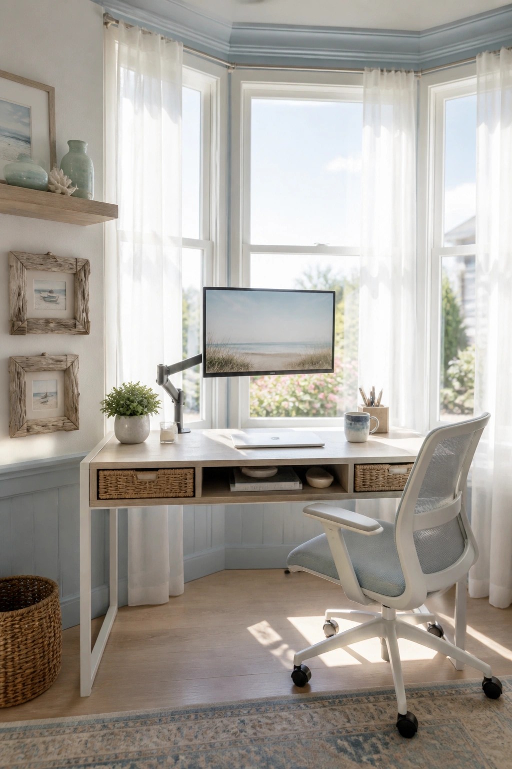 A light wood desk with white slim legs and built-in storage baskets sits in front of a bay window, holding a laptop and monitor on an arm.