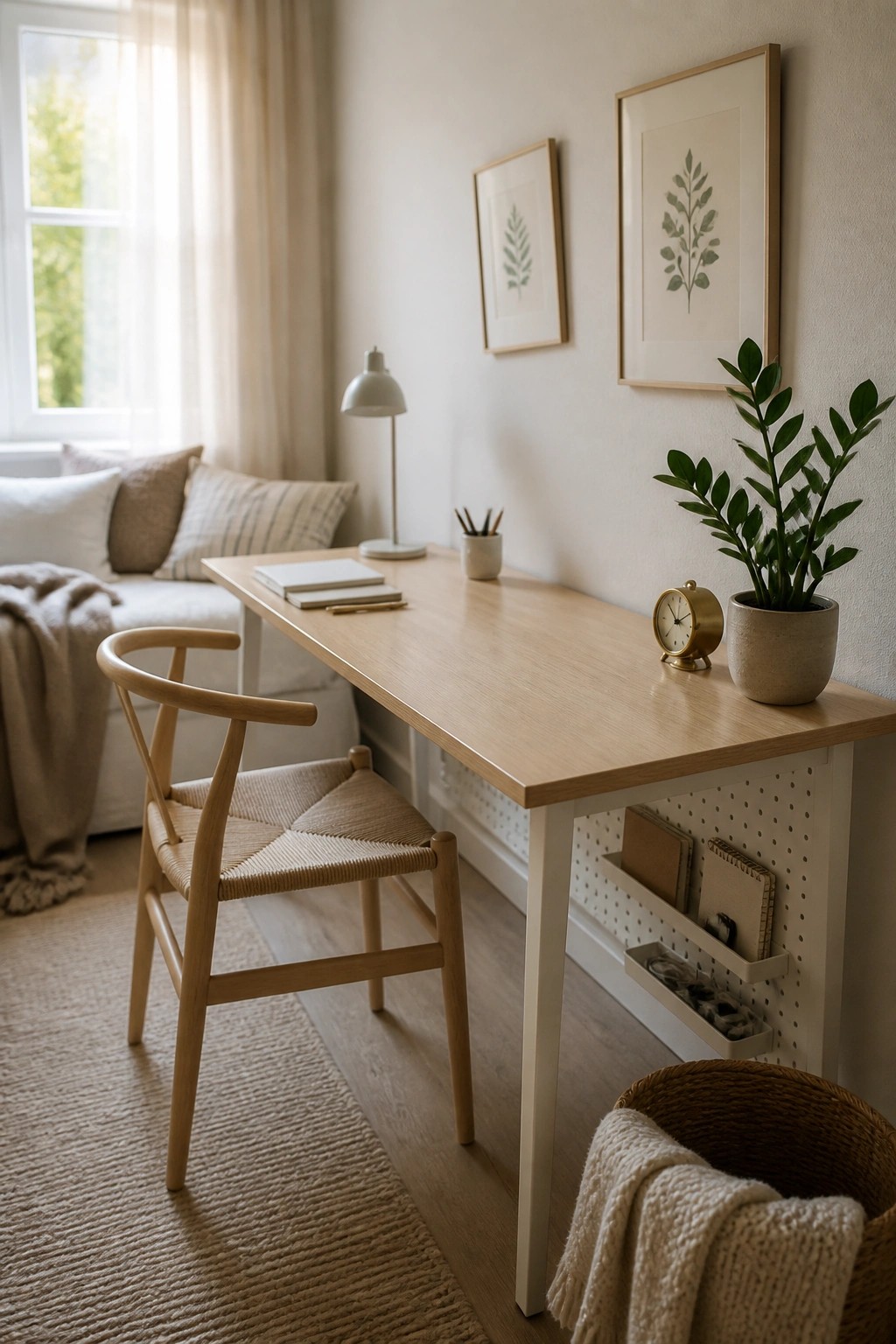 A light wood desk with slim white legs and built-in side storage on a pegboard panel, positioned in a bright room with a woven chair and a potted plant on the desk.
