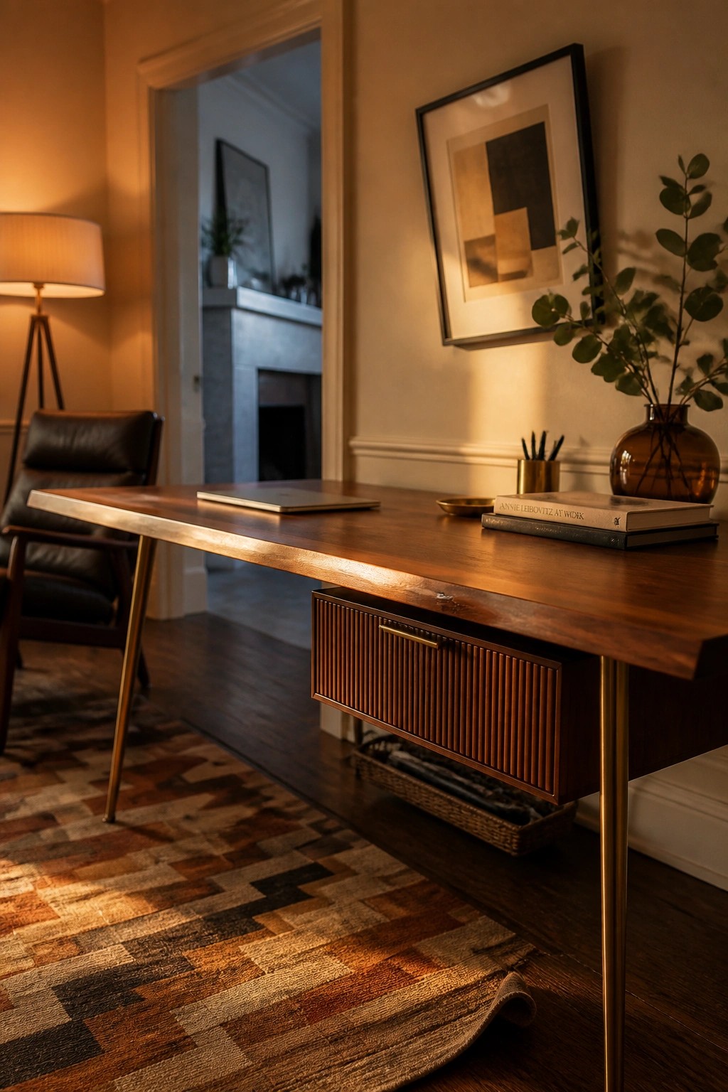 A wooden desk with a live edge top and slim gold legs sits on a patterned rug, featuring a fluted front drawer and styled with books and a vase.