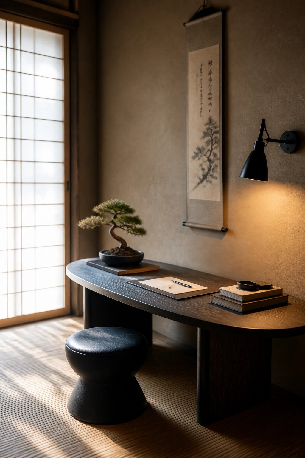 A minimalist Japanese-style interior with a curved dark wood desk, black stool, bonsai on a stand, and a hanging scroll on a textured wall.