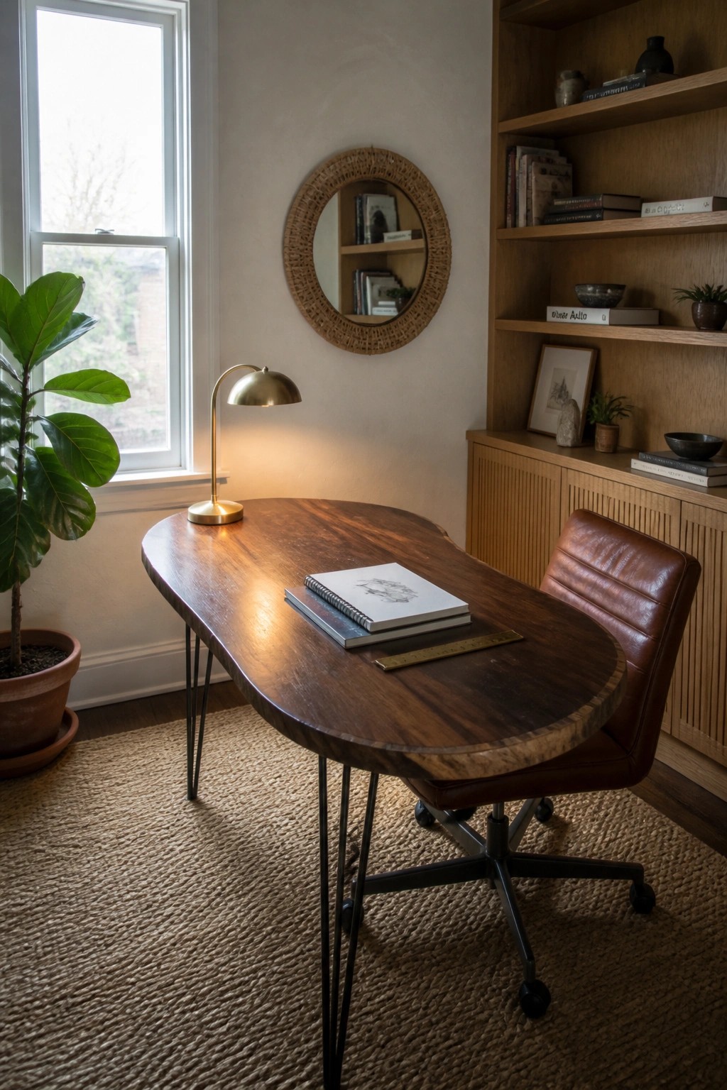 A wooden curved desk with black metal legs sits on a woven rug in a home office, paired with a brown leather office chair, a brass desk lamp, and built-in wooden shelves.