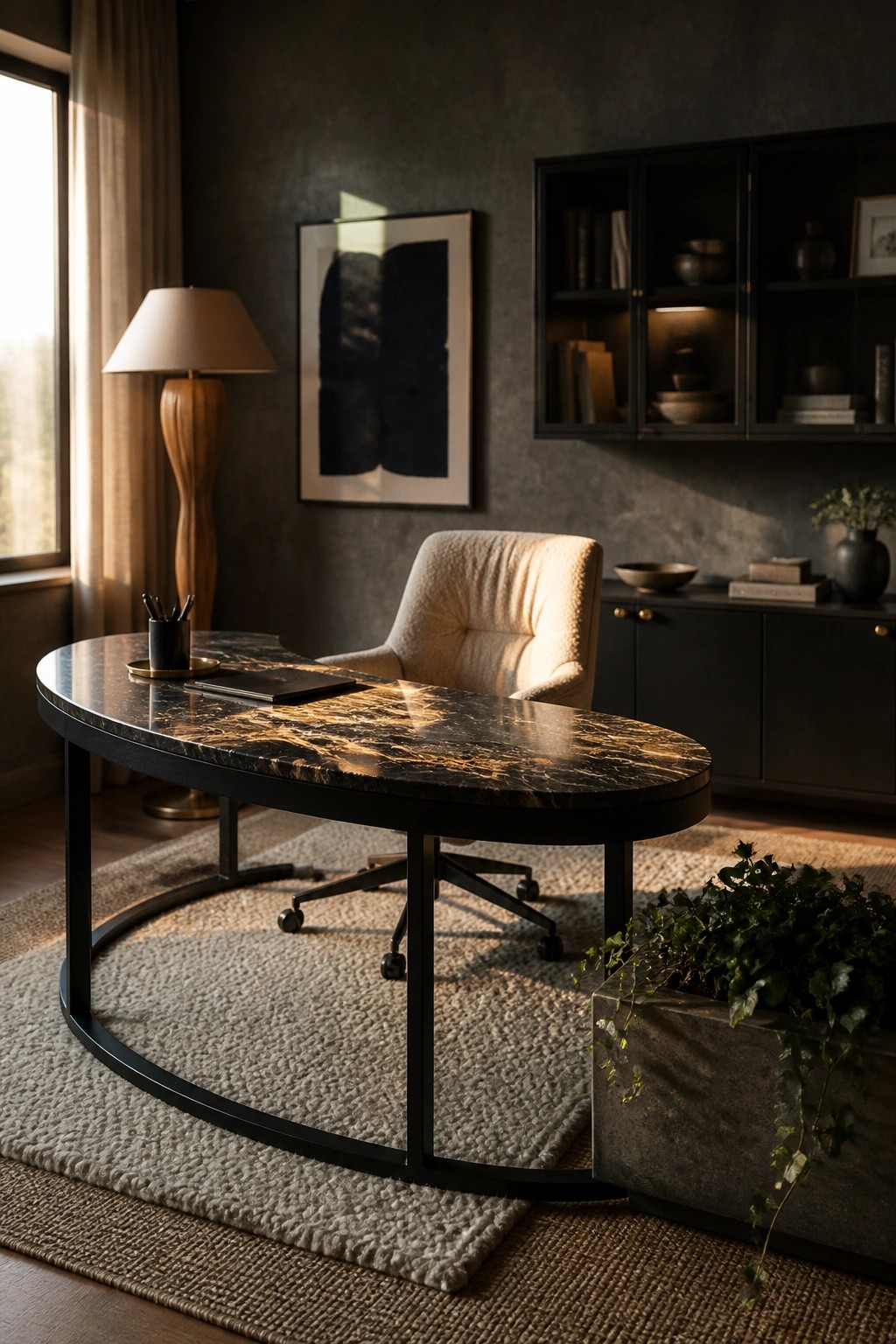 An oval black marble desk with gold veining and a black metal frame sits on a light rug next to a white bouclé office chair in a dark room.