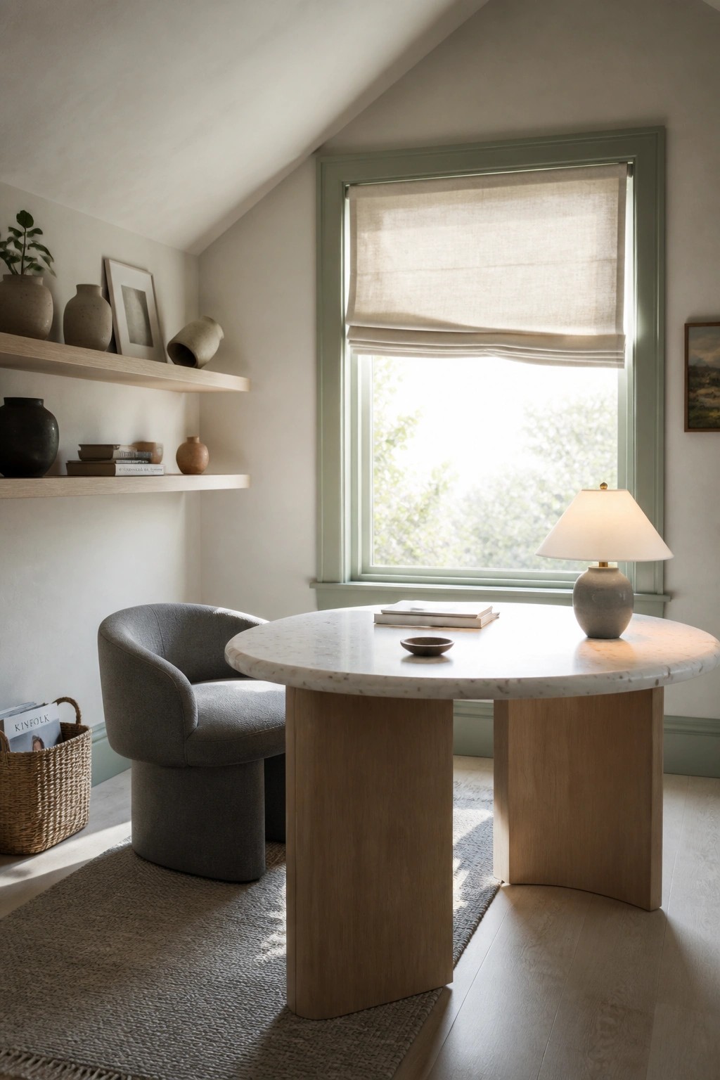 A round marble-top table with thick wooden pedestal bases sits on a woven rug beside a gray upholstered swivel chair, with a window and floating shelves in the background.