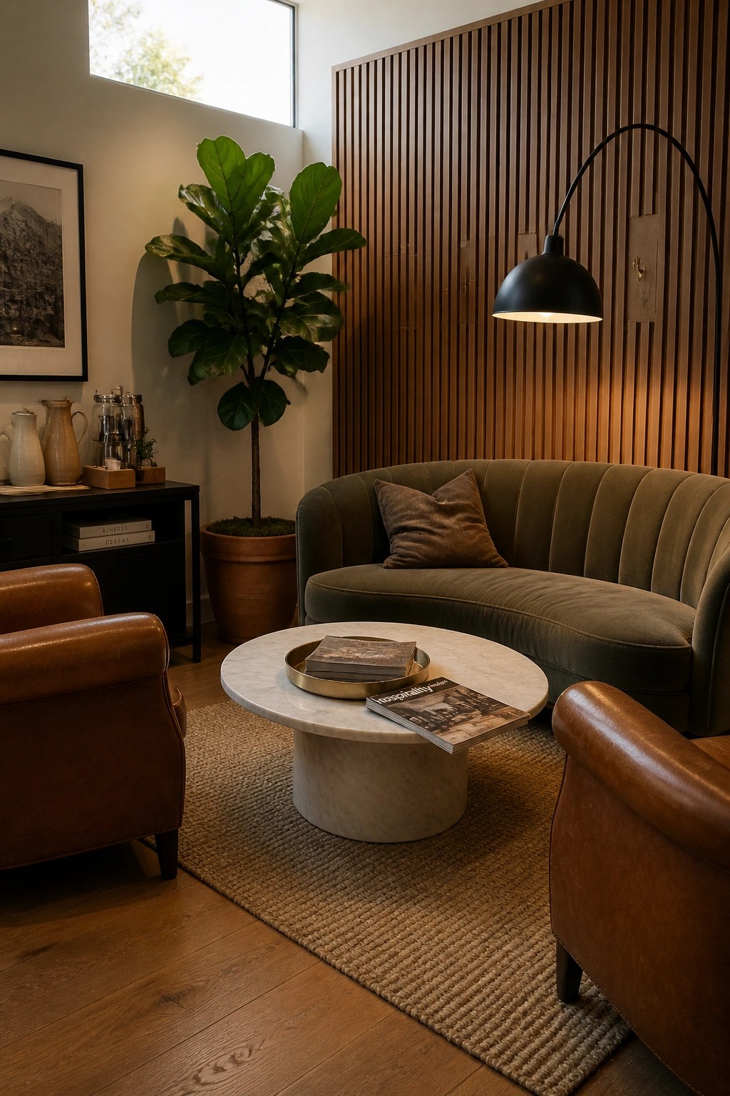 Cozy lounge with curved olive sofa, leather armchairs, marble table, and potted plant.