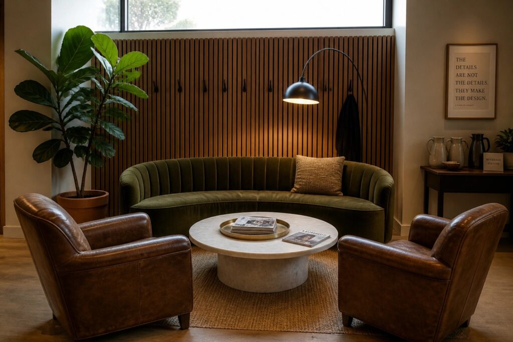Cozy lounge with curved olive sofa, leather armchairs, marble table, and potted plant.